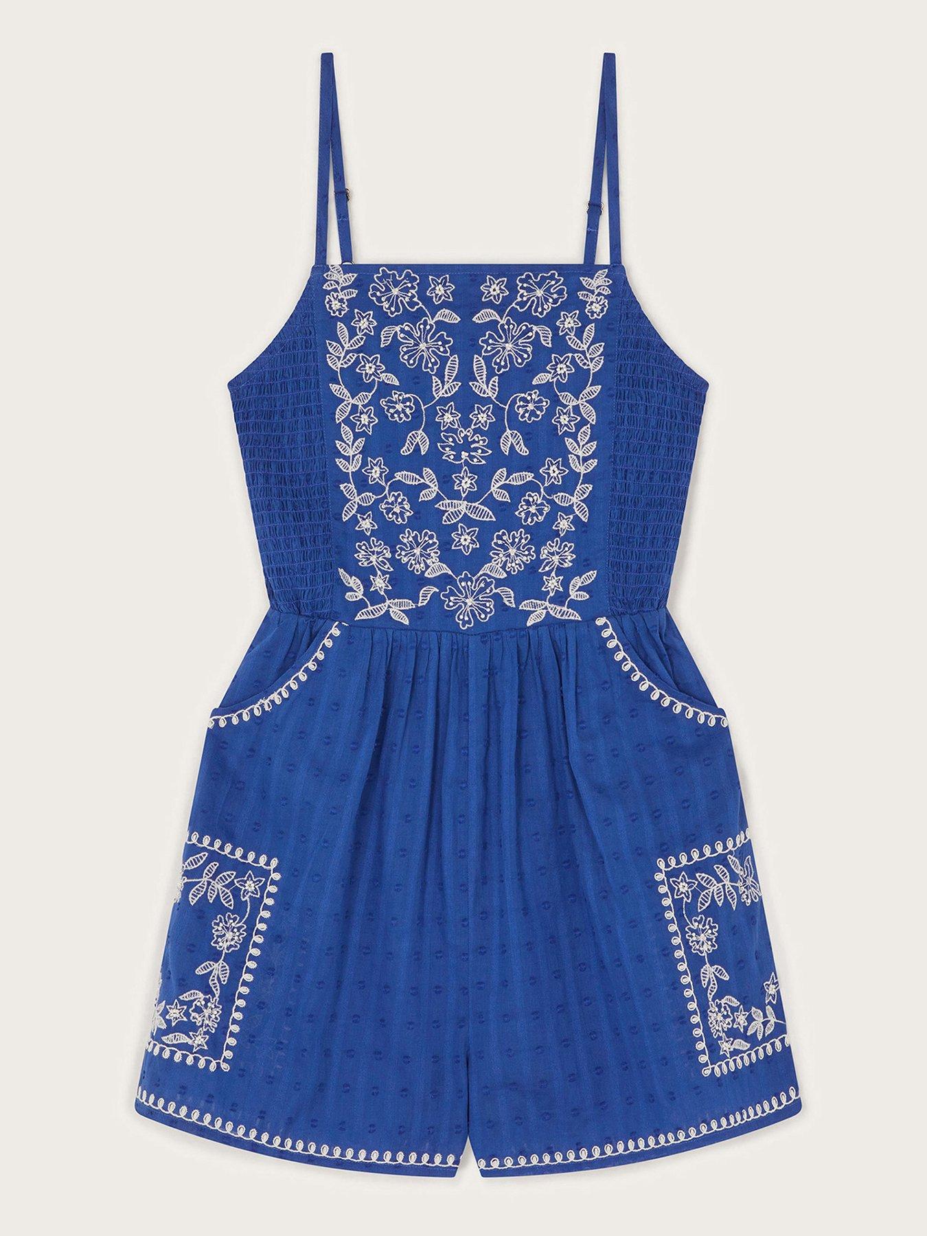 undefined Girls Floral Embroidered Strappy Playsuit - Blue