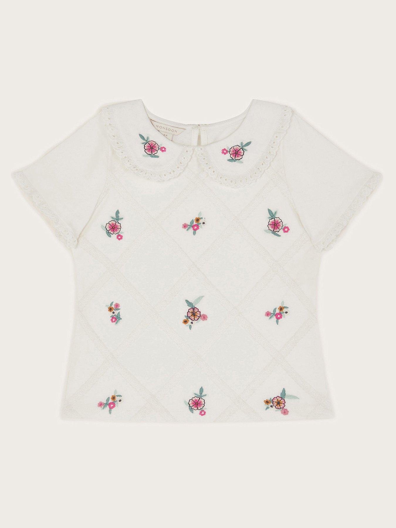 undefined Girls Floral Embroidered Collar T-shirt - Light Cream