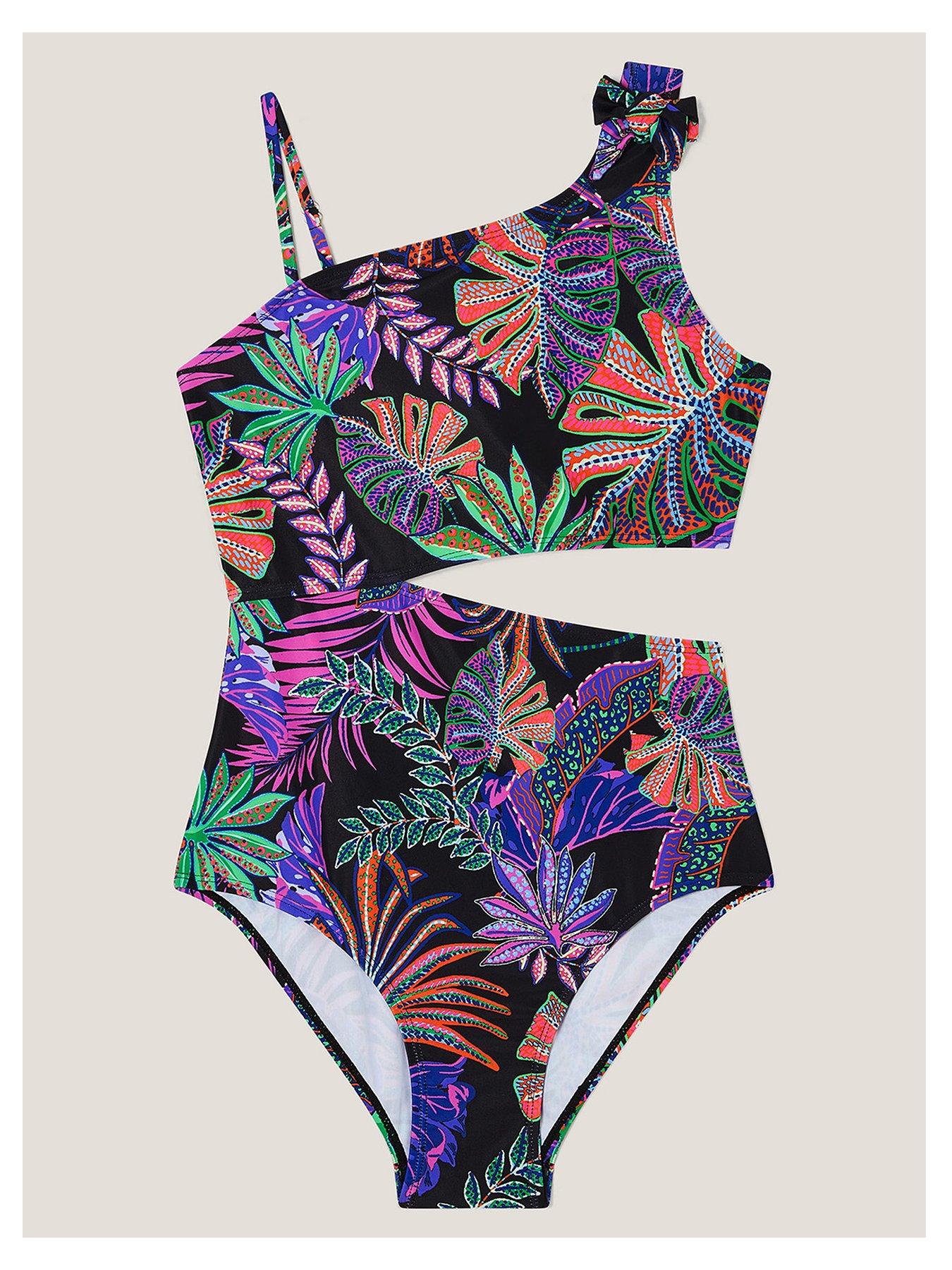 Image 1 of 3 of Monsoon Girls Storm Tropical Print Swimsuit - Black