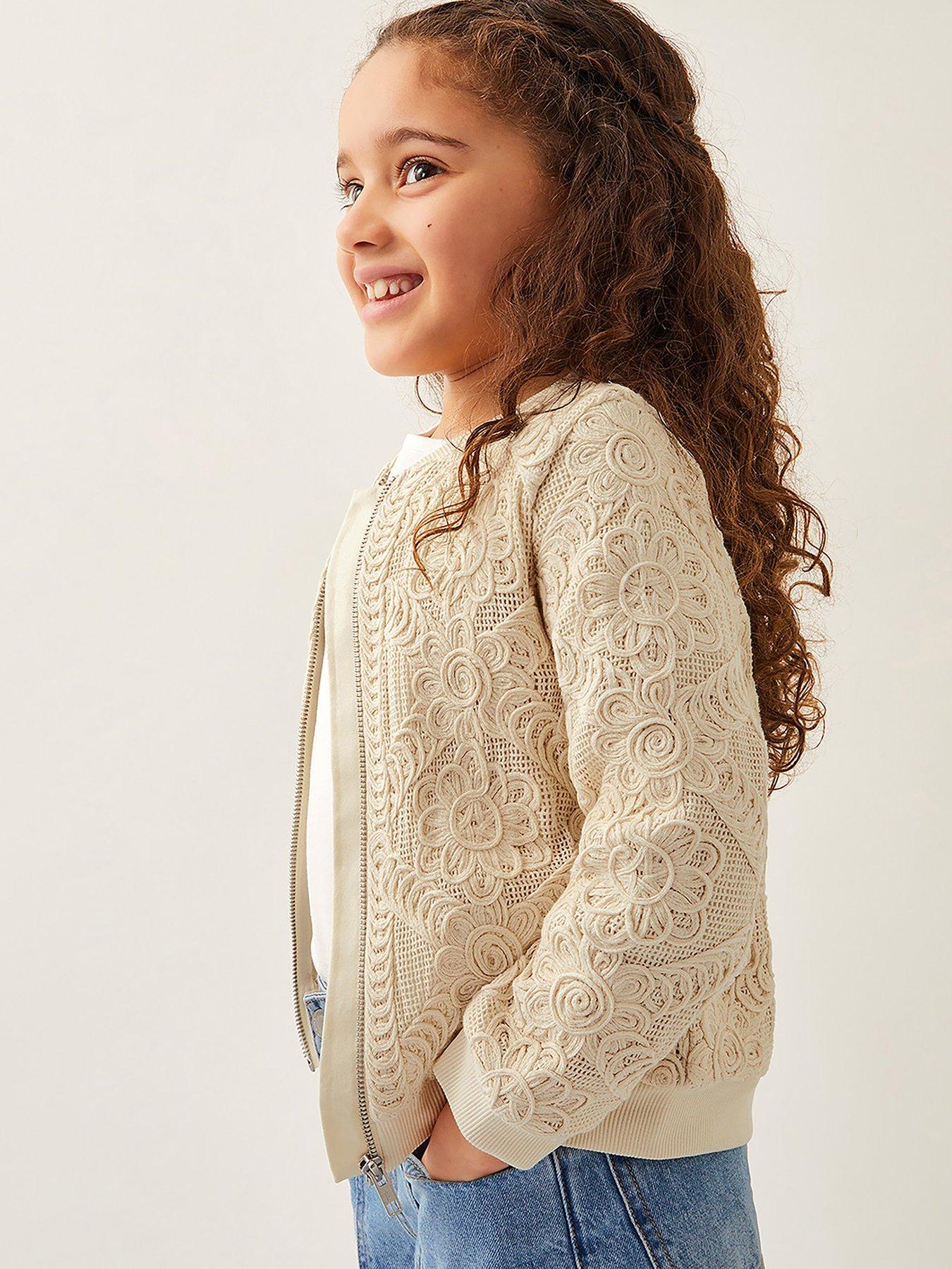 undefined Girls Crochet Bomber Jacket - Cream