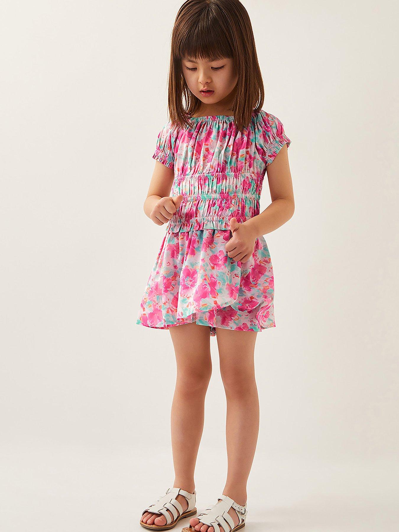 undefined Girls Tropical Floral Shirred Top And Skort Set - Pink