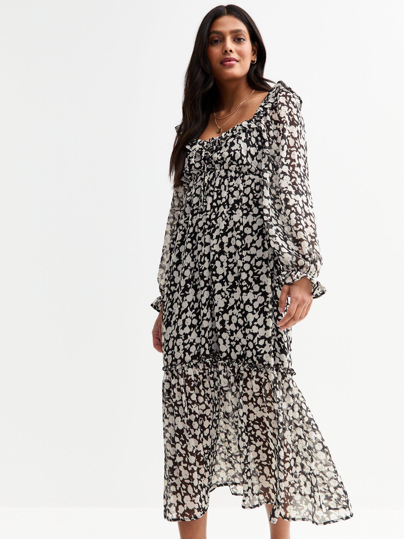 Image 1 of 4 of New Look Printed Ruffle Sleeve Midi Dress - White