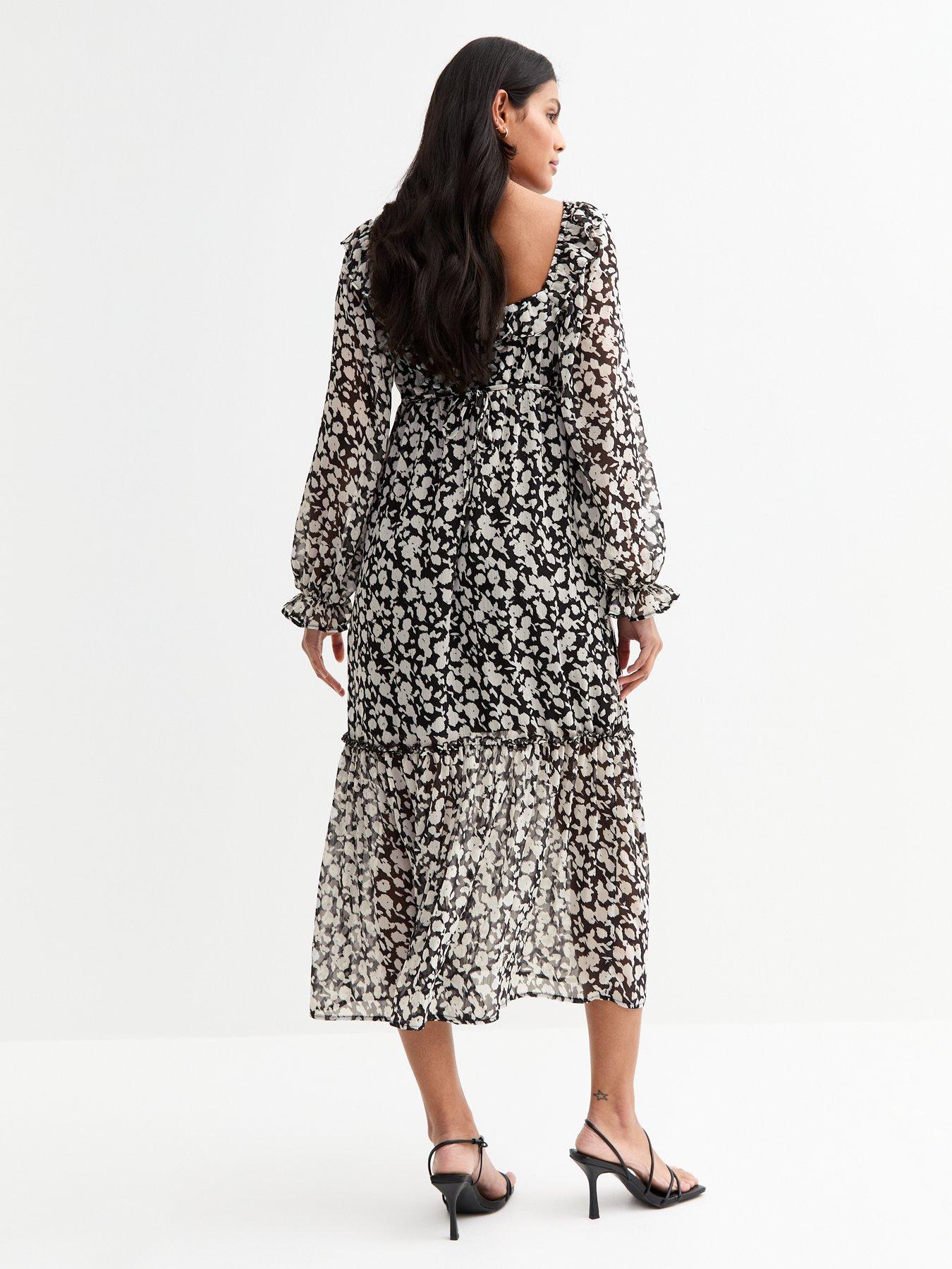 Image 2 of 4 of New Look Printed Ruffle Sleeve Midi Dress - White