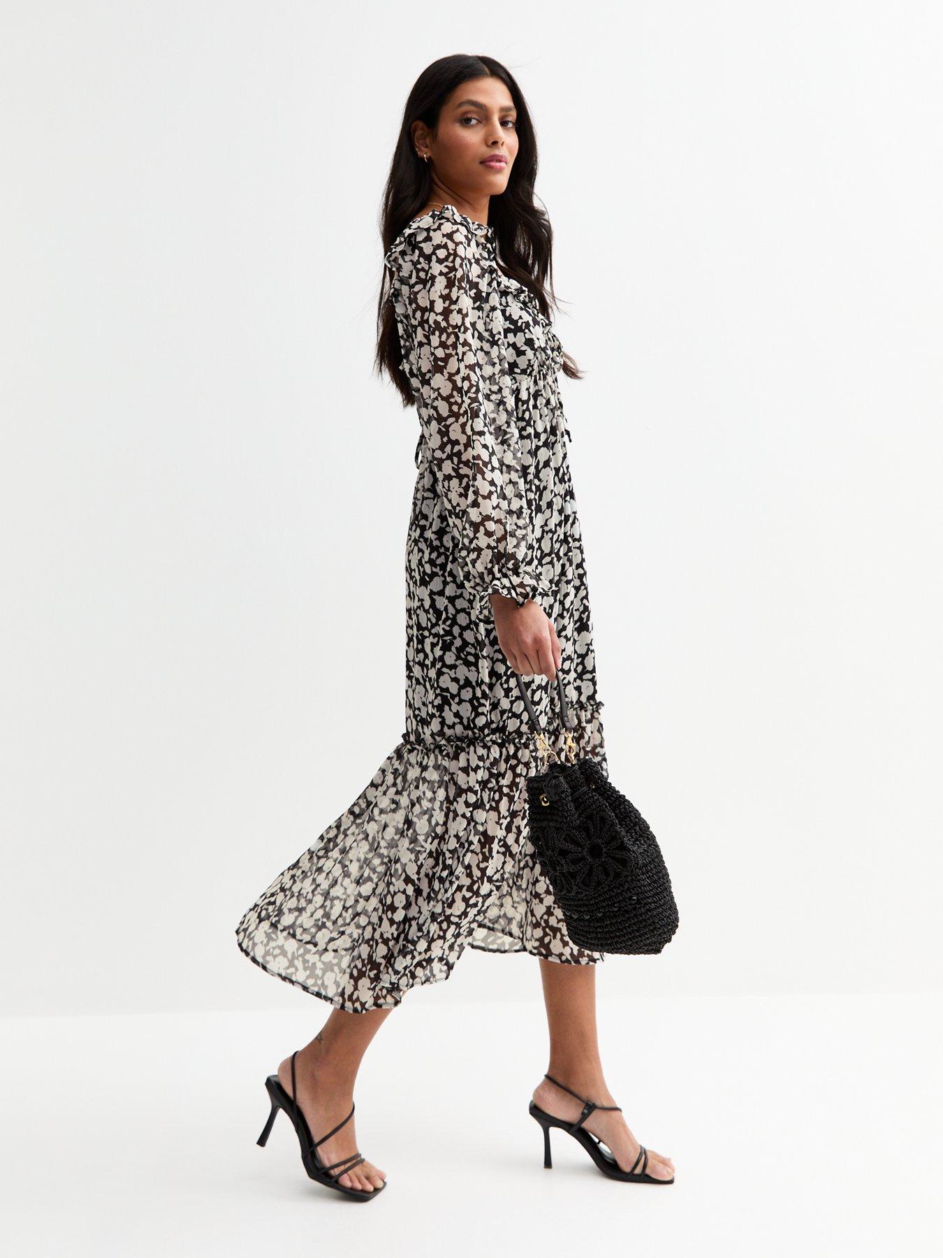Image 3 of 4 of New Look Printed Ruffle Sleeve Midi Dress - White