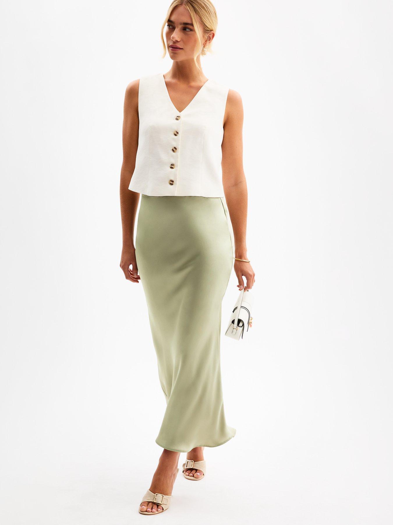undefined Light Green Bias Cut Satin Midi Skirt