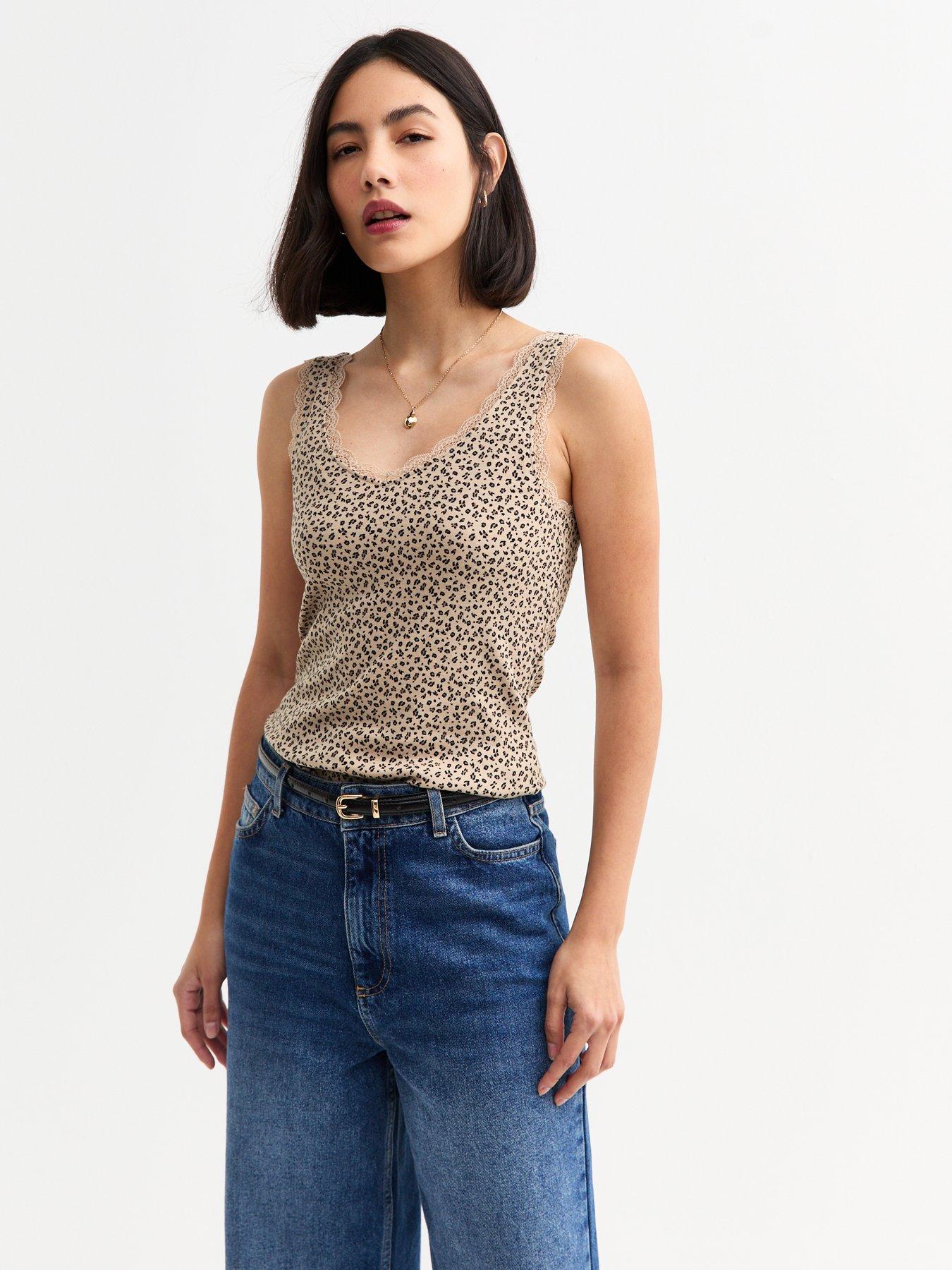 Image of New Look Leopard Lace Trim Vest - Brown