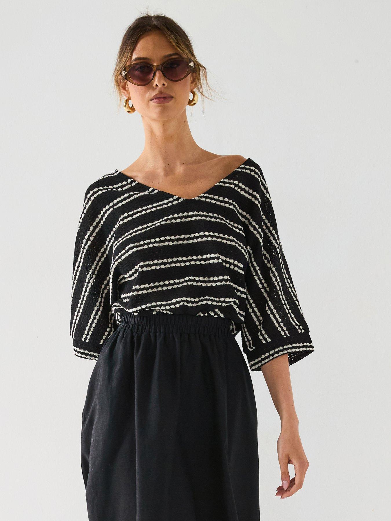 Image of V by Very Half Sleeve Loose Fit Stripe Top - Black
