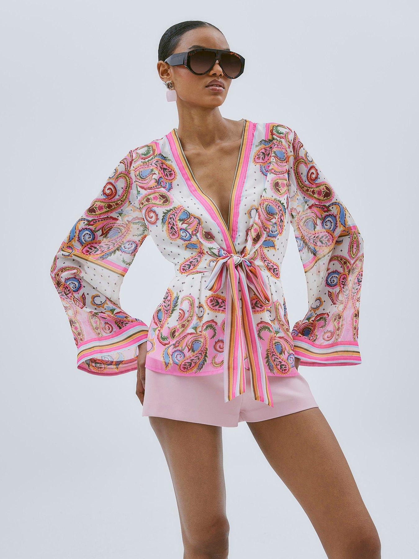 Image 1 of 4 of River Island Wrap Front Top - White/Pink