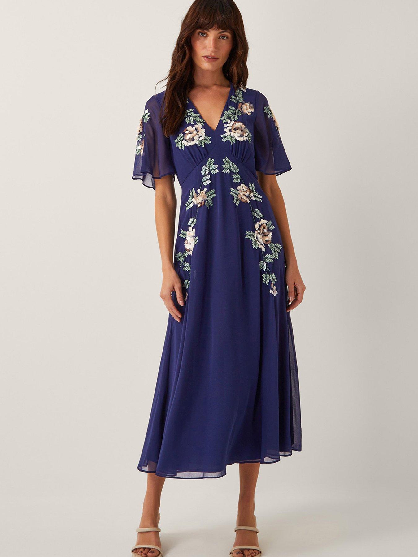 Image 1 of 5 of Monsoon Cora Embroidered Dress - Navy - Blue