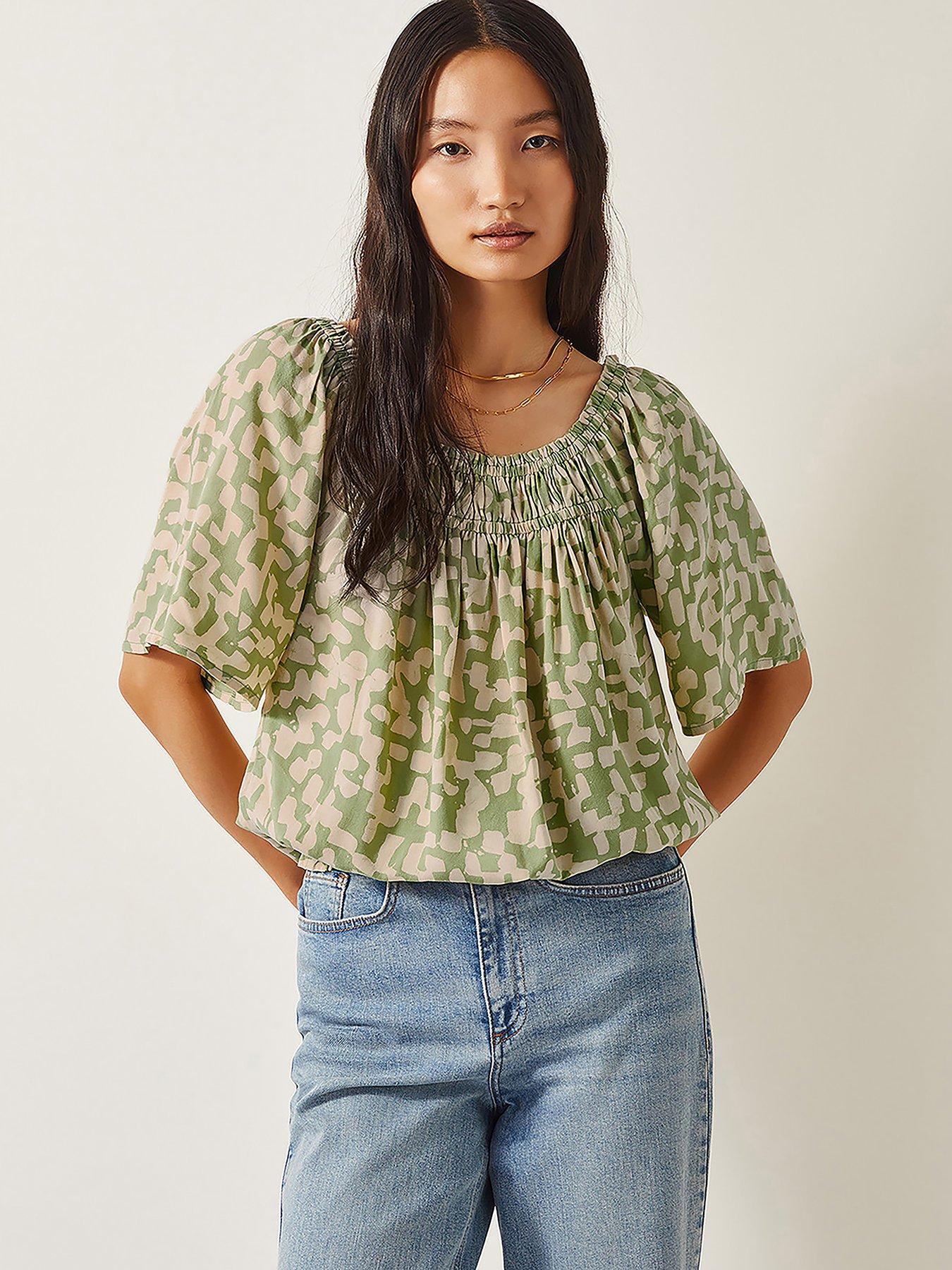 Image 1 of 5 of Monsoon Ania Batik Print Top - Green