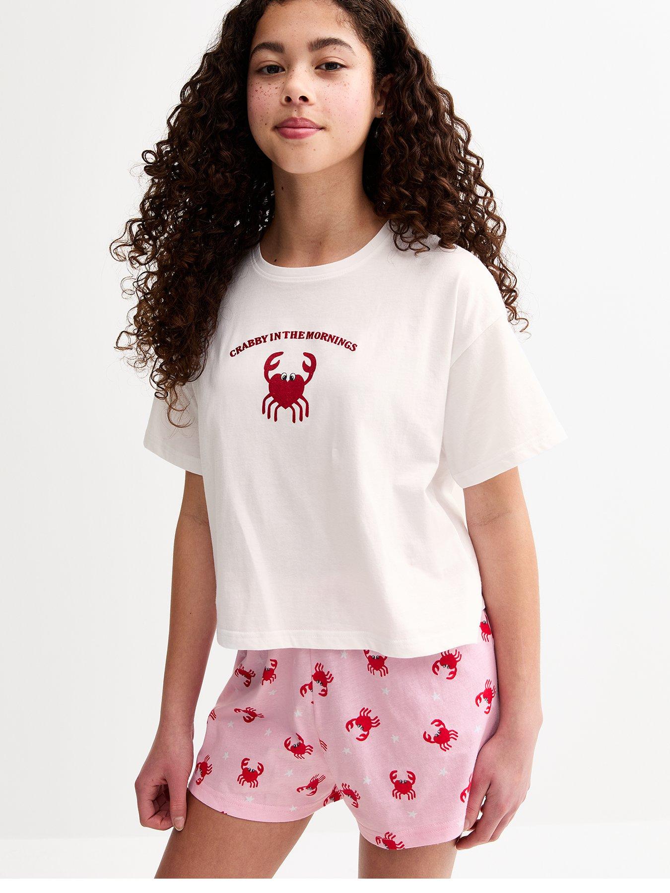 Image of New Look 915 Girls Crab Print T-Shirt And Shorts Pyjama Set - White