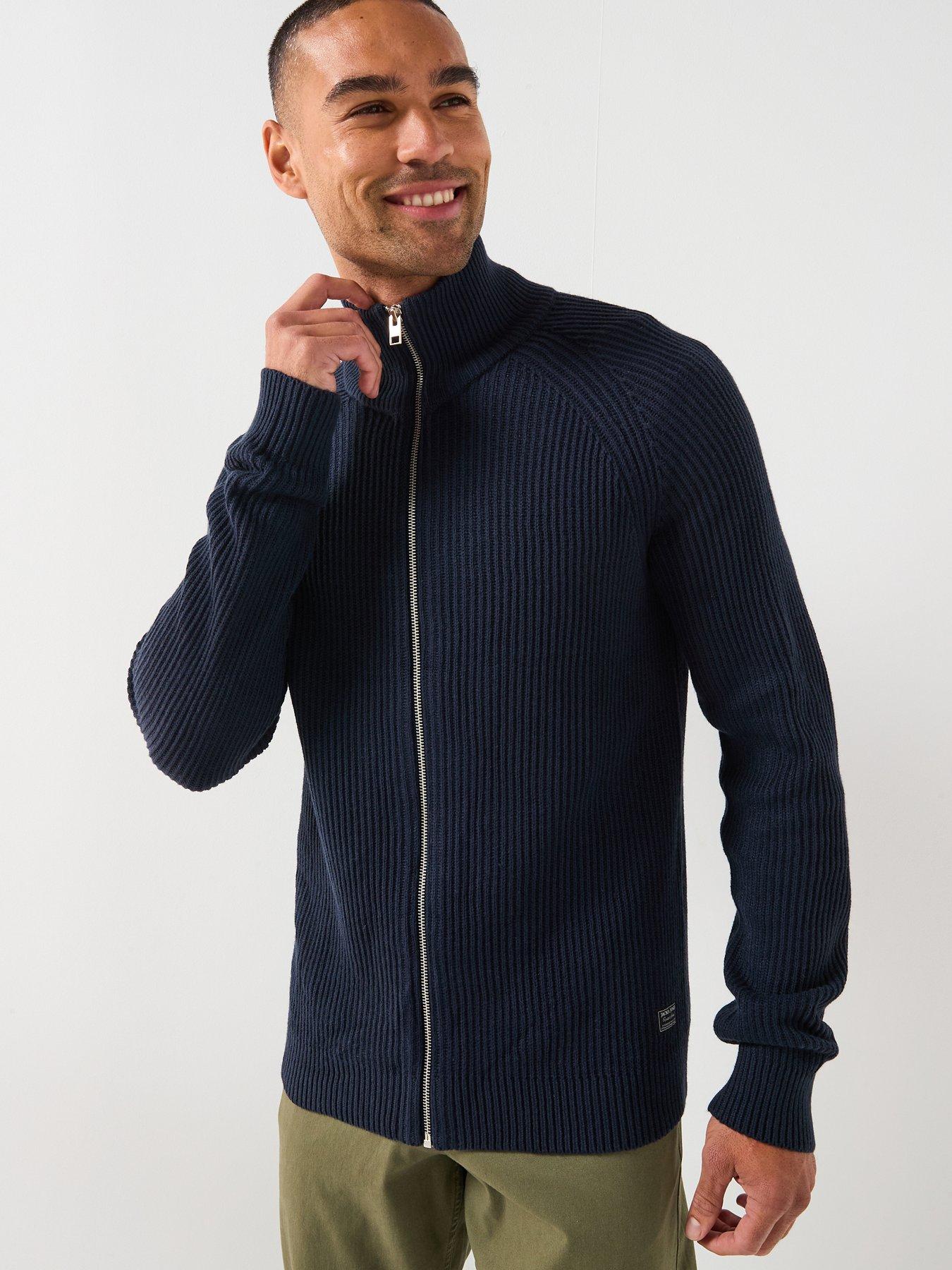Jack & Jones Panel Zip Through Knitted Cardigan - Navy
