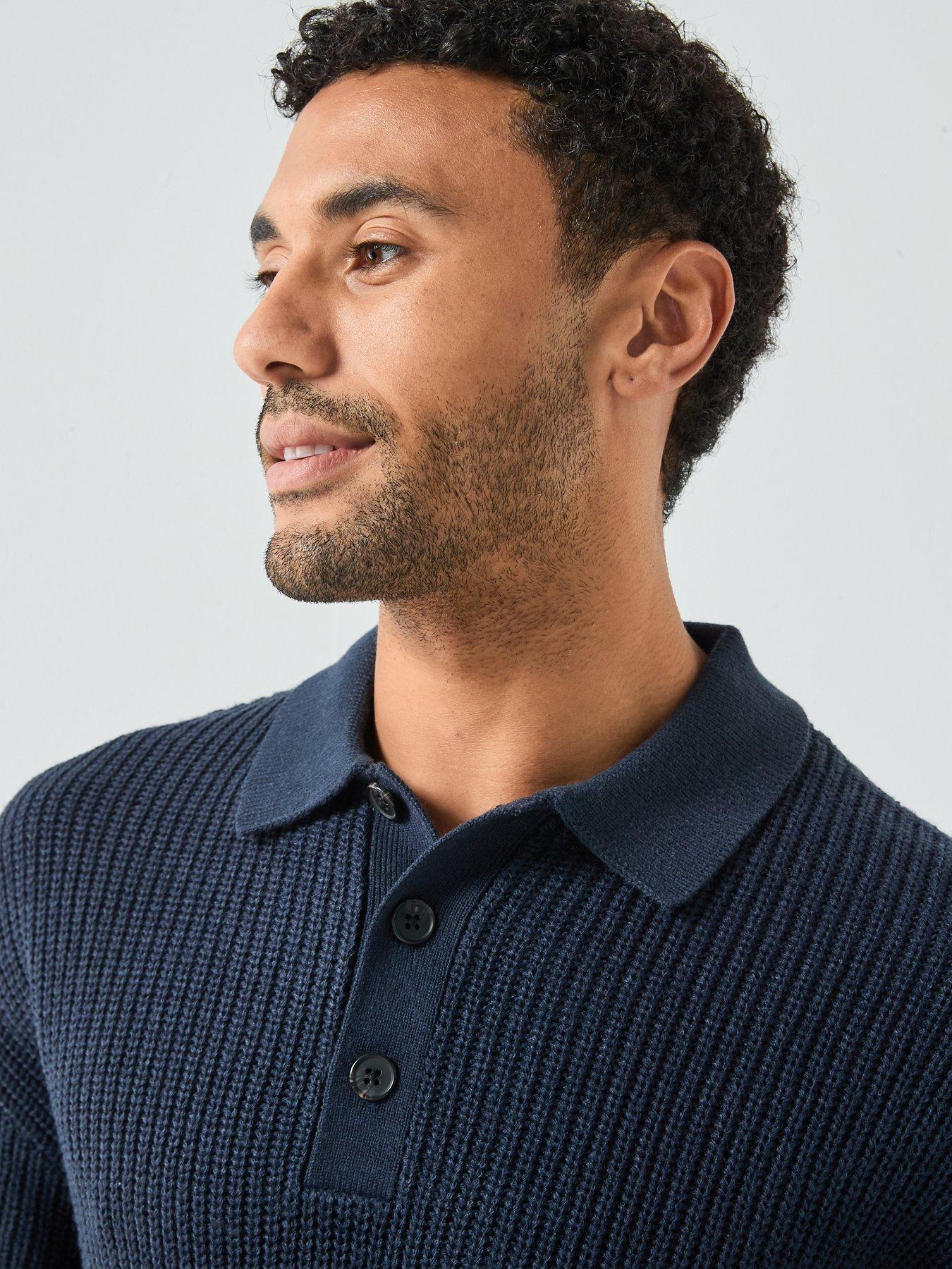 Image 4 of 6 of Jack & Jones Kaito Button Collar Knitted Jumper - Navy
