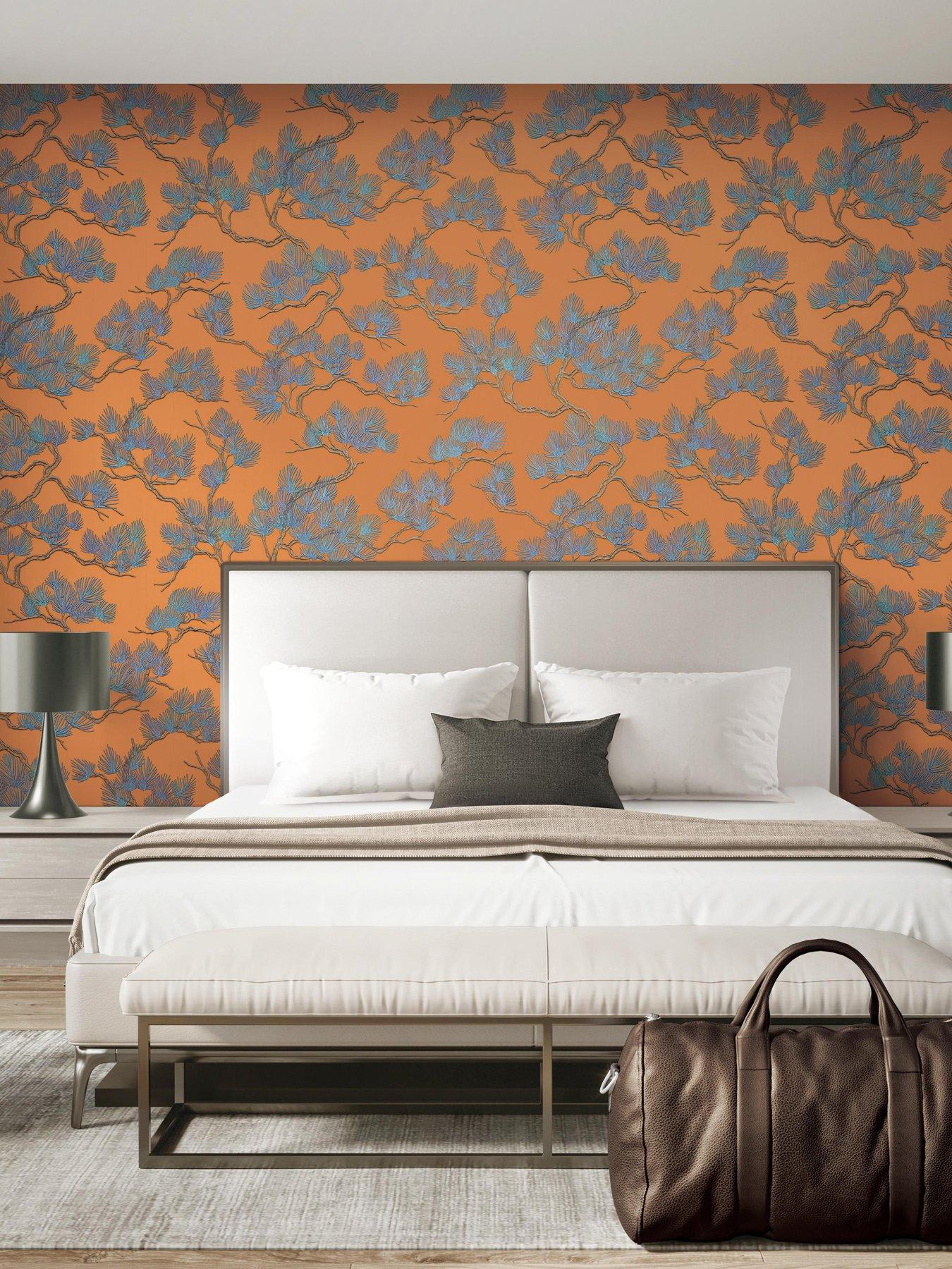 Design ID Wall Fabric Pine Tree Wallpaper - Orange/blue