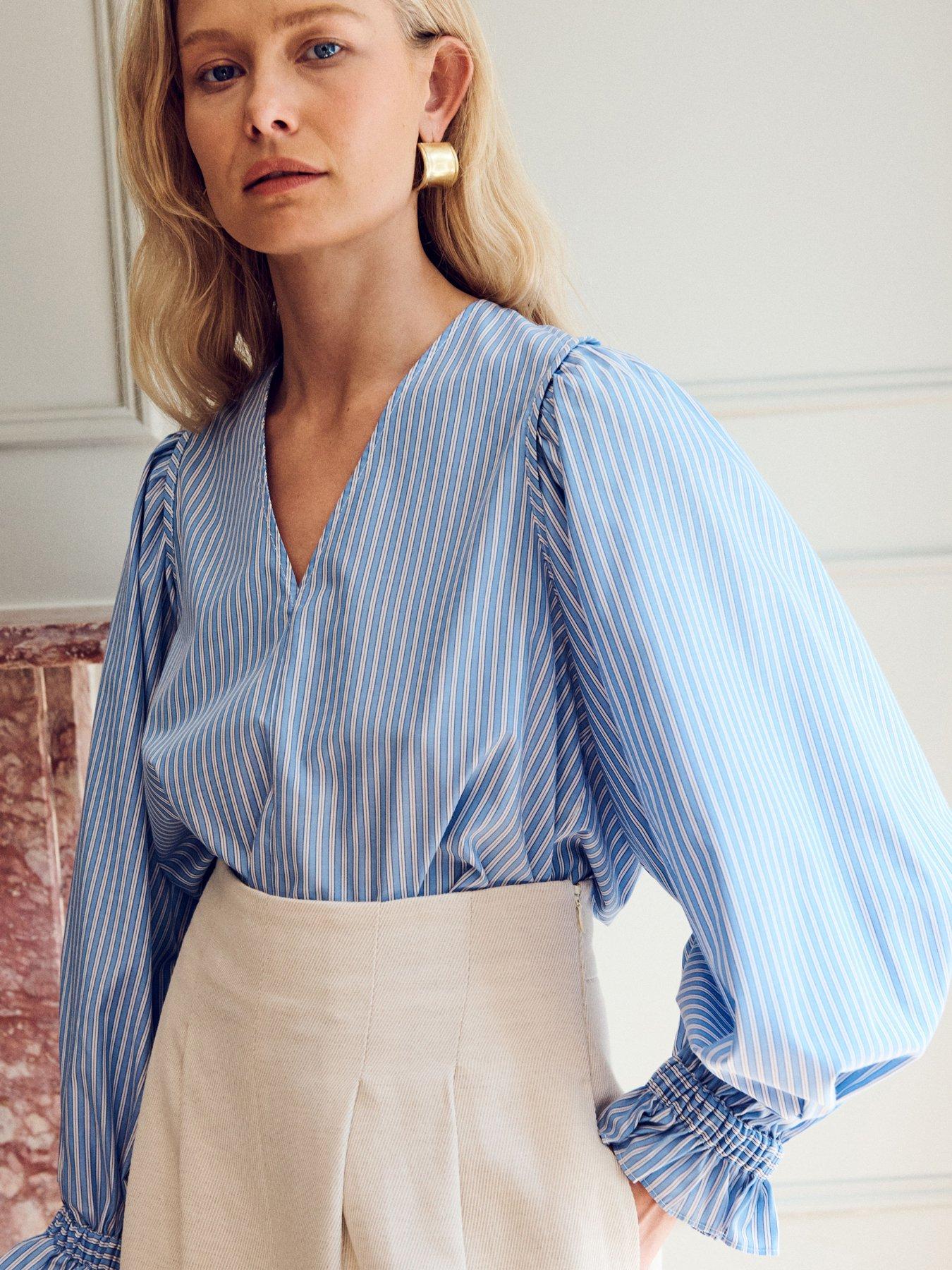 Vi.ve.re Remi V Neck Gathered Cuff Shirt - Blue
