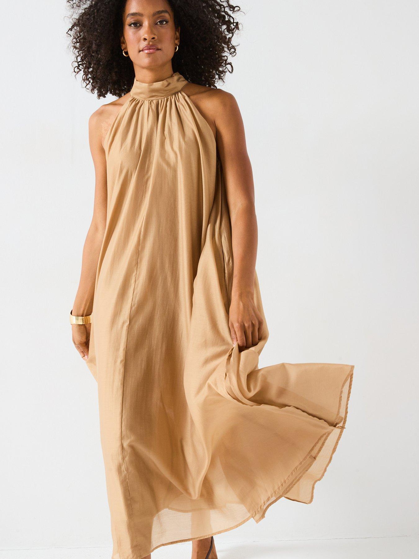 mei-meij-curled-halter-neck-midi-dress-camel-brown