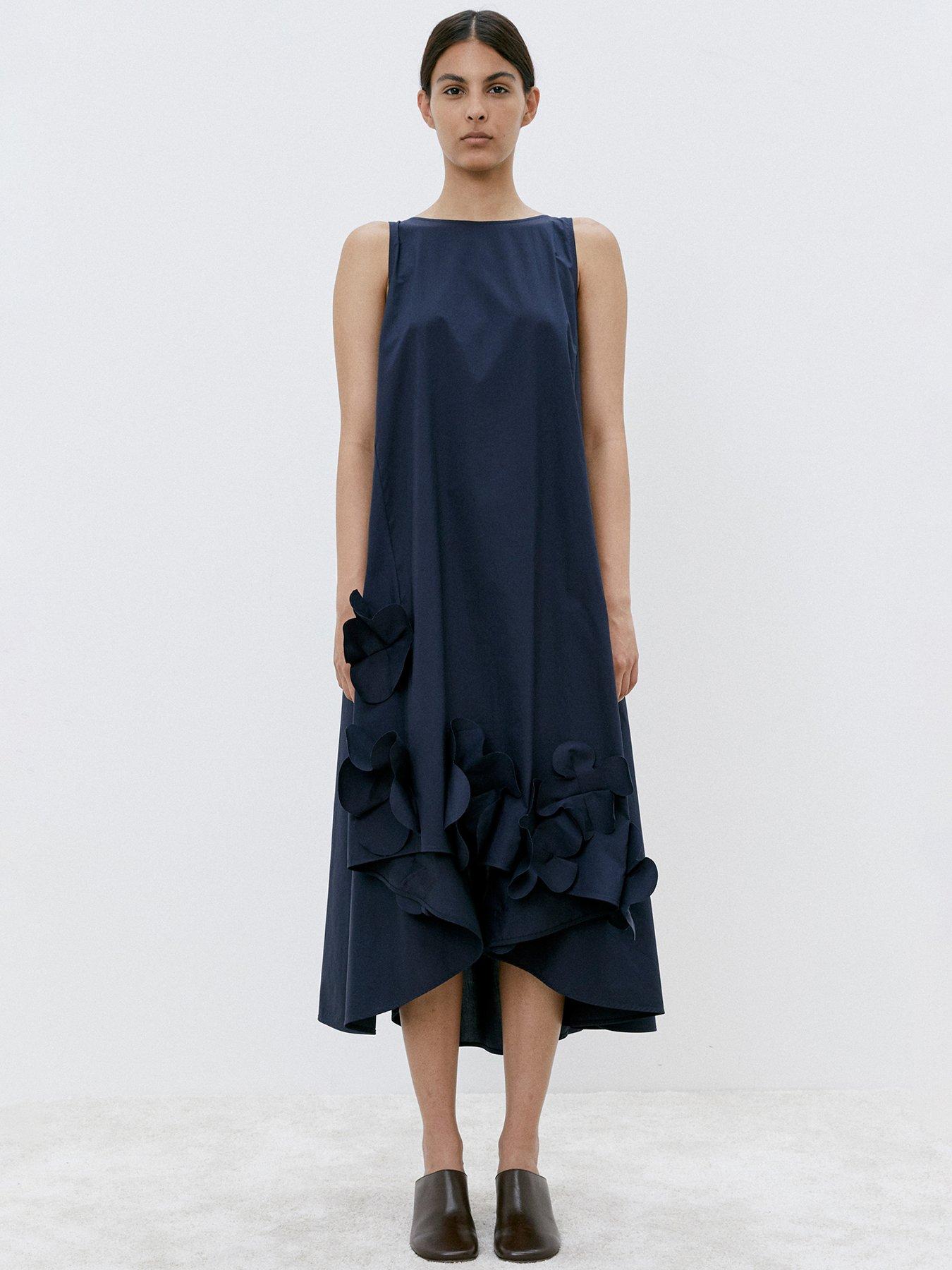 Mei Meij Dress with Flower Ruffle Hem - Navy
