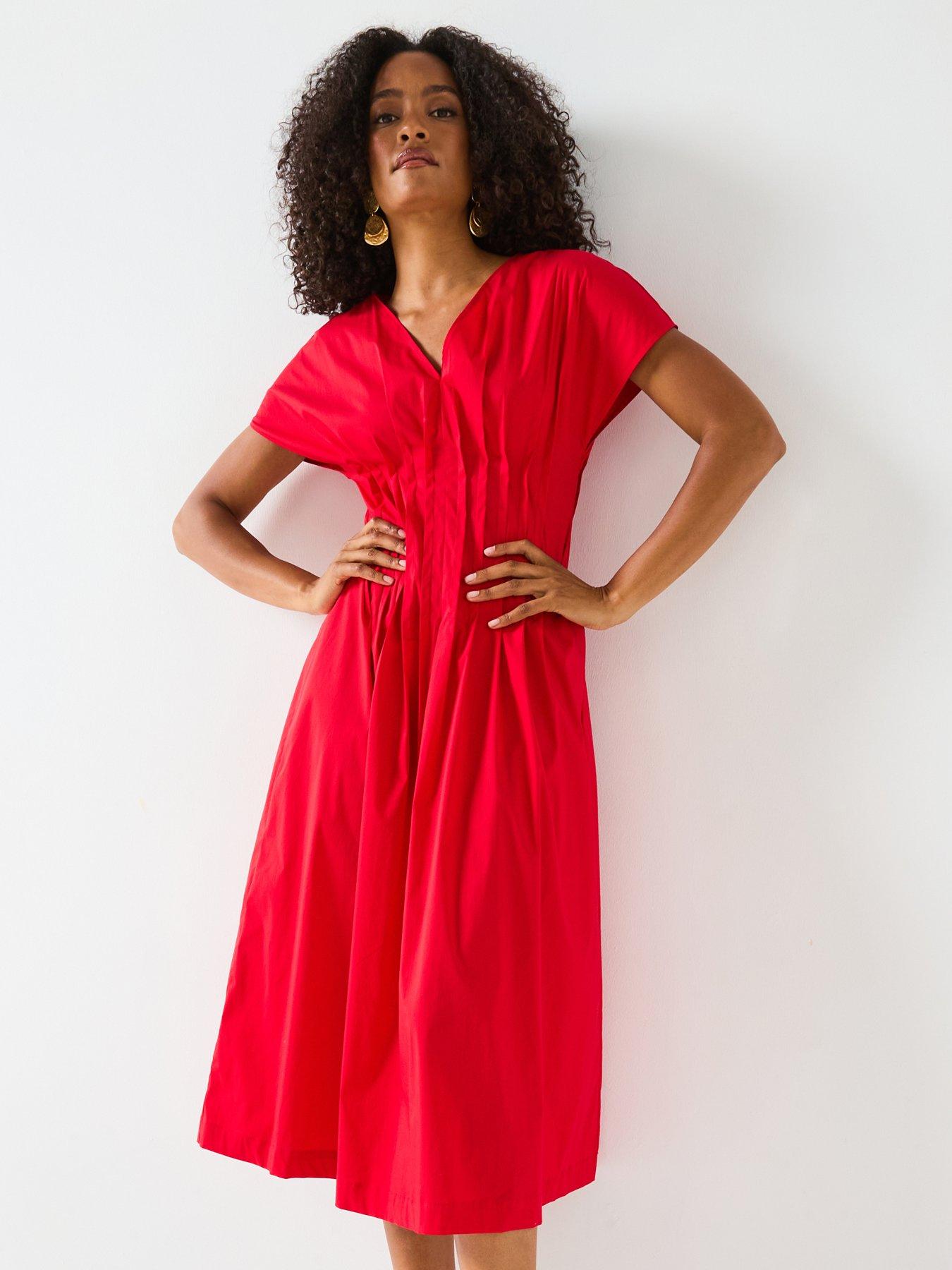 Mei Meij V-Neckline Pleated Midi Dress - Red