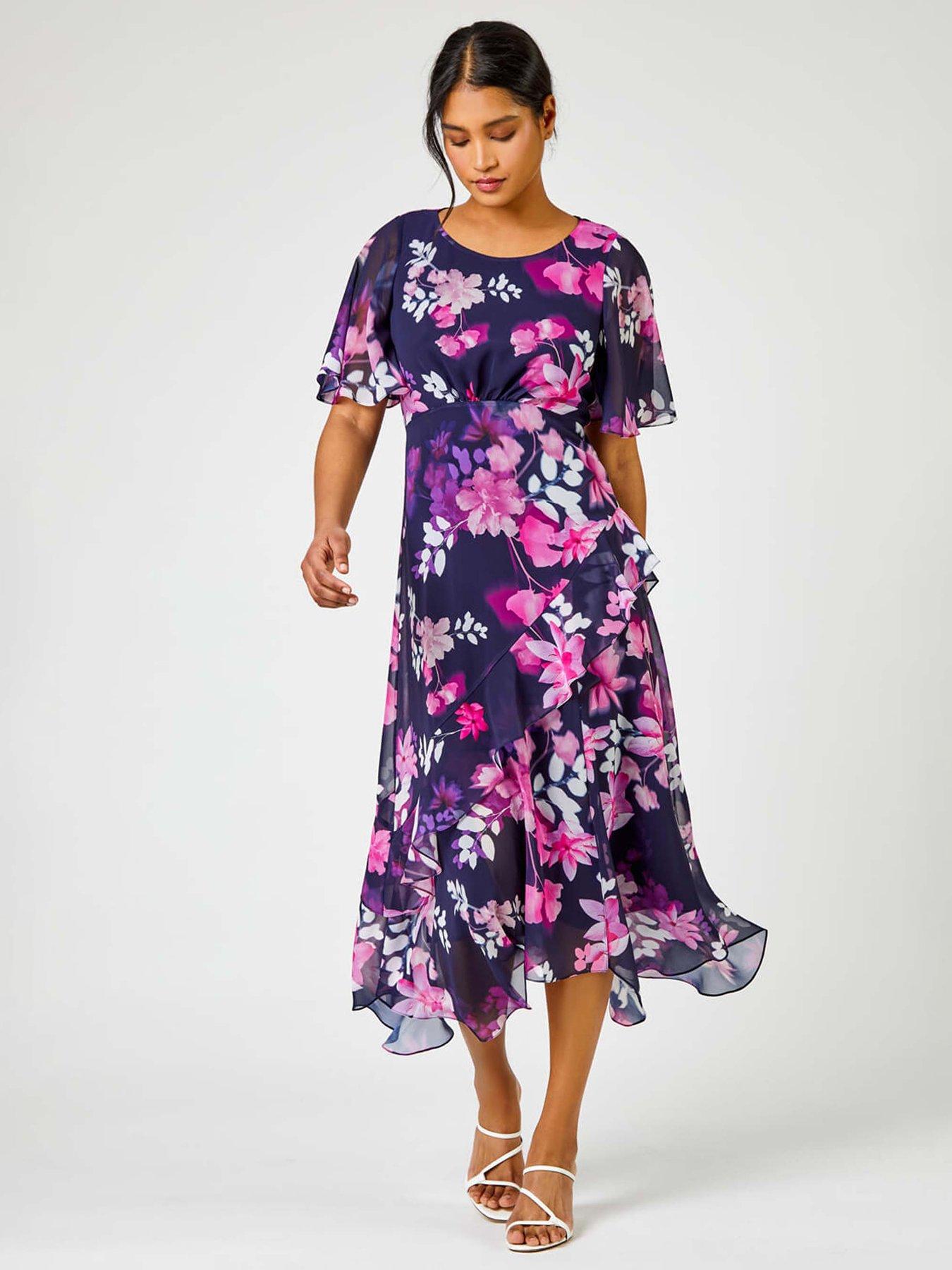 Roman Floral Chiffon Frill Asymmetric Midi Dress