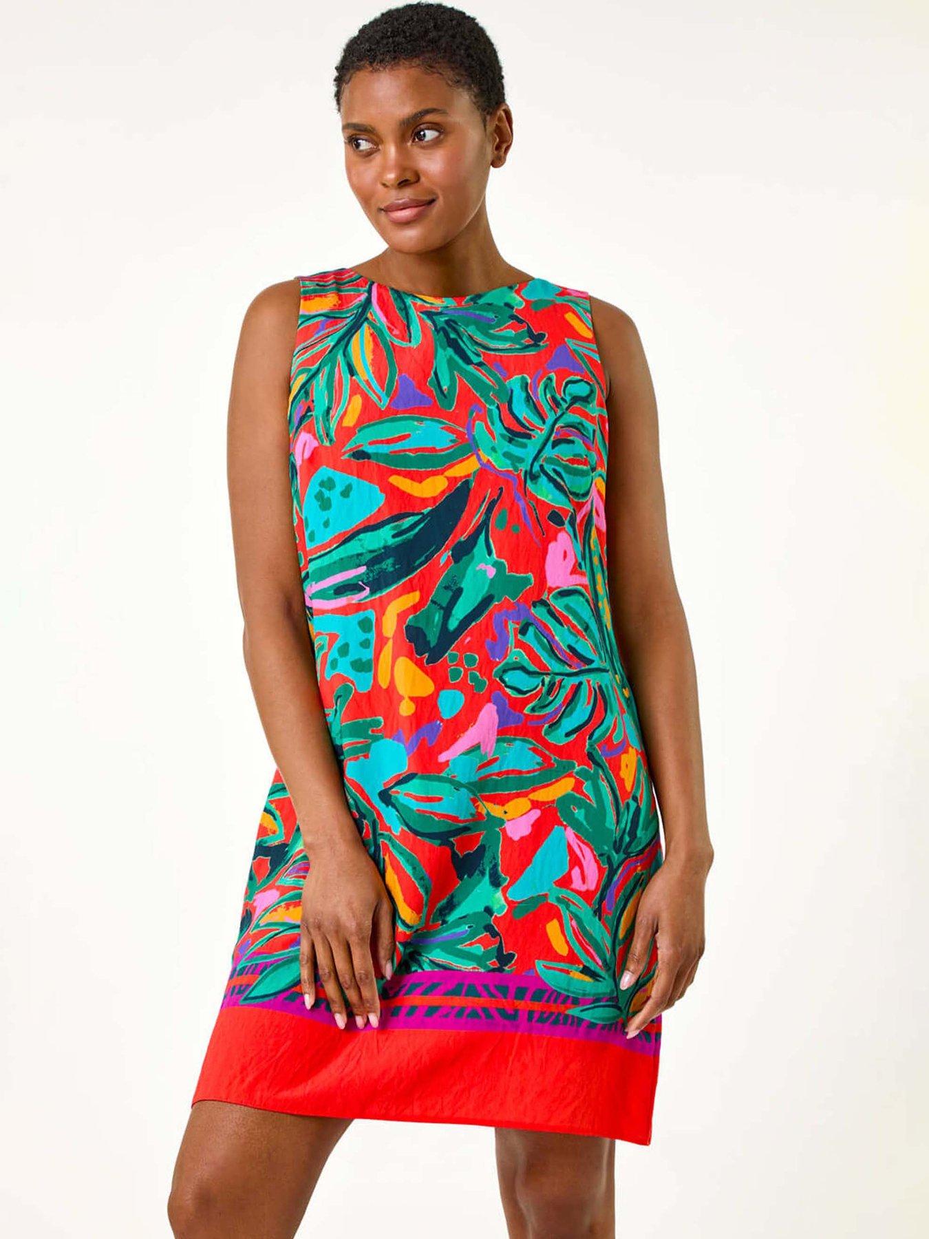 Image 1 of 5 of Roman Tropical Border Tie Detail Shift Dress - Multi