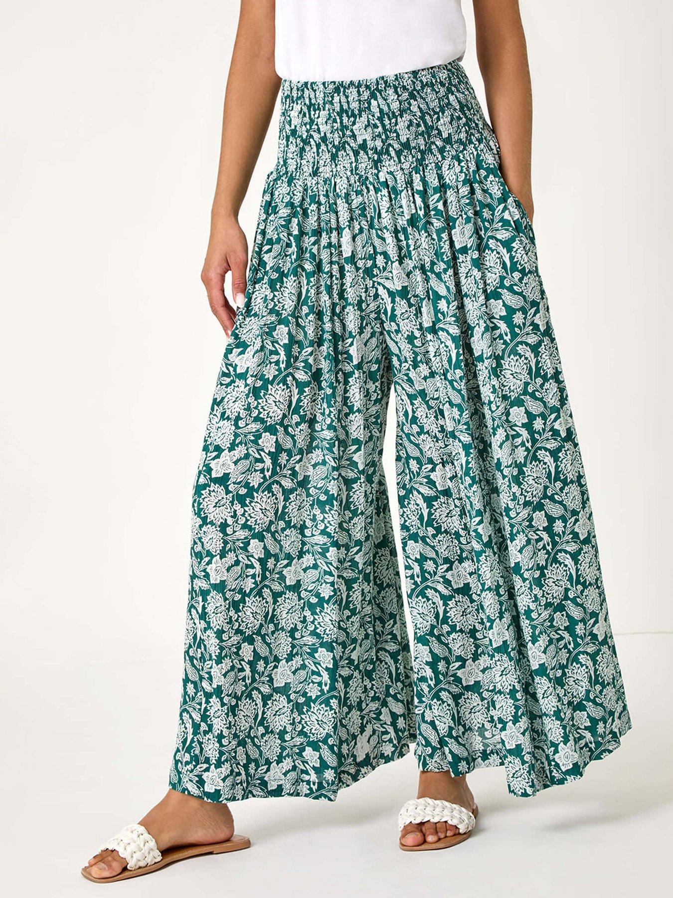 Roman Floral Leaf Shirred Palazzo Stretch Trouser