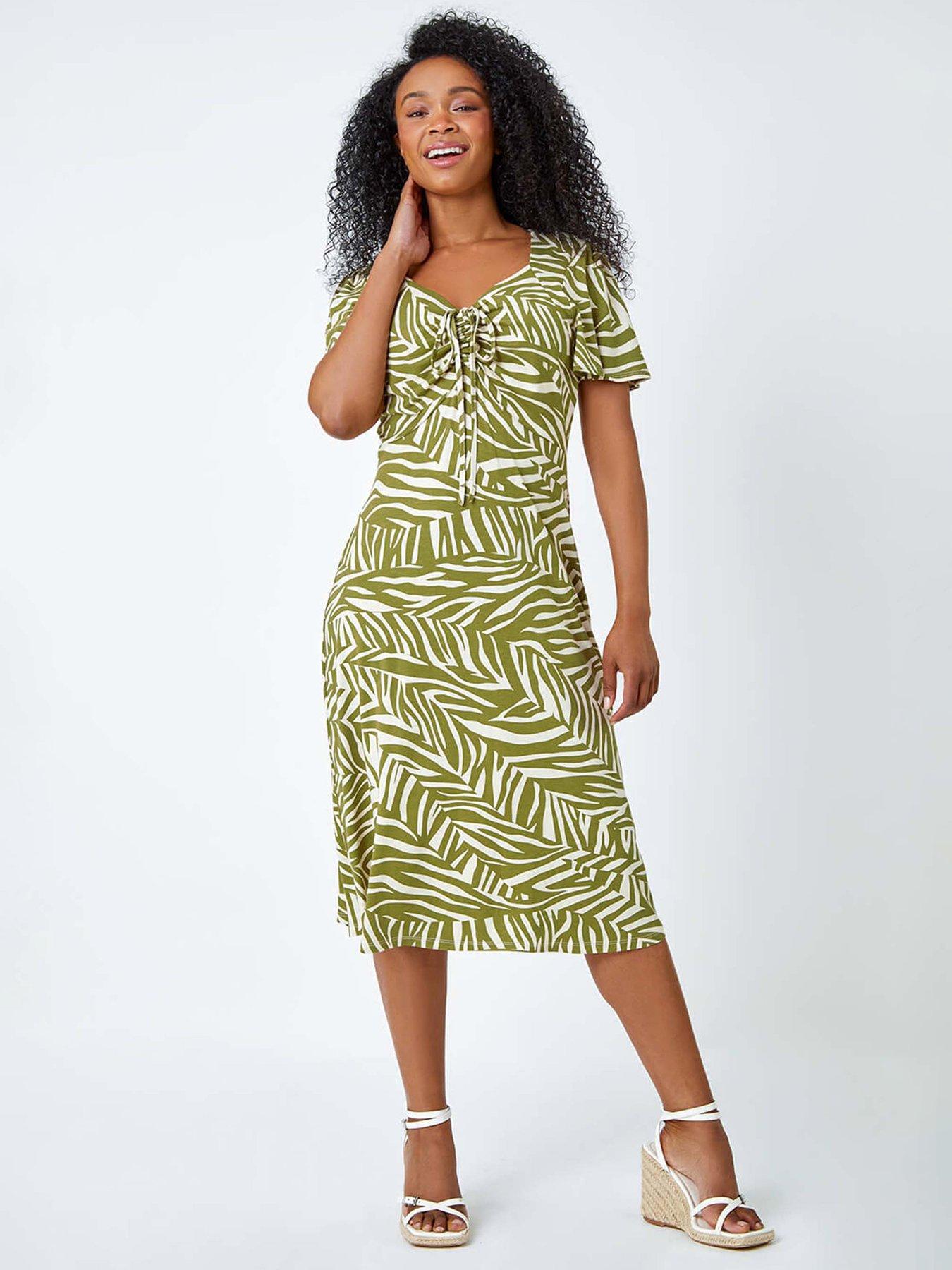 Roman Petite Animal Stretch Gathered Midi Dress