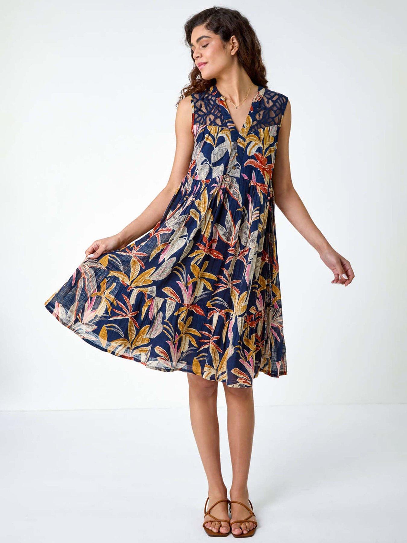Roman Cotton Tropical Lace Detail Tiered Dress