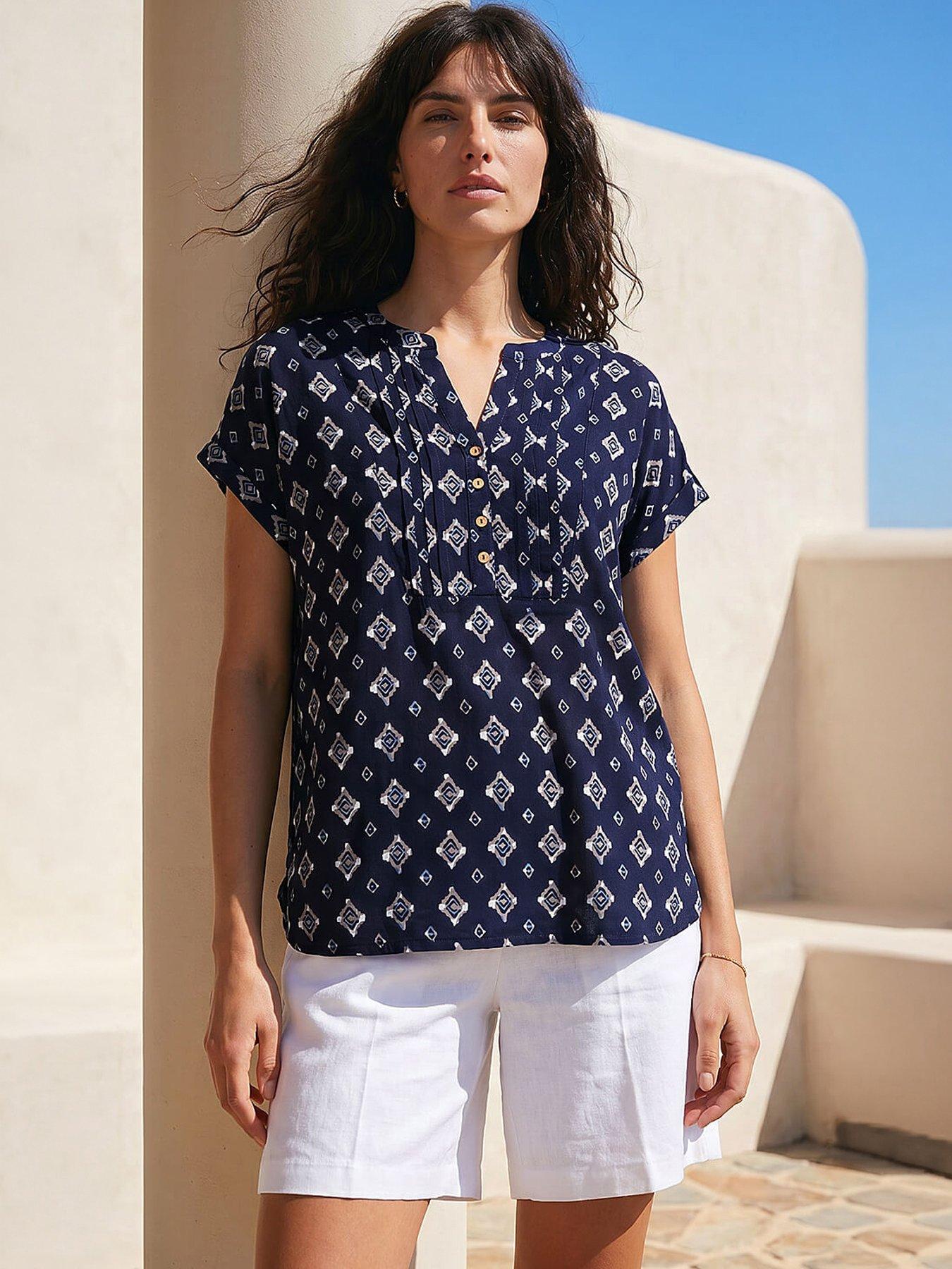 Roman Aztec Print Button V-neck Detail Top