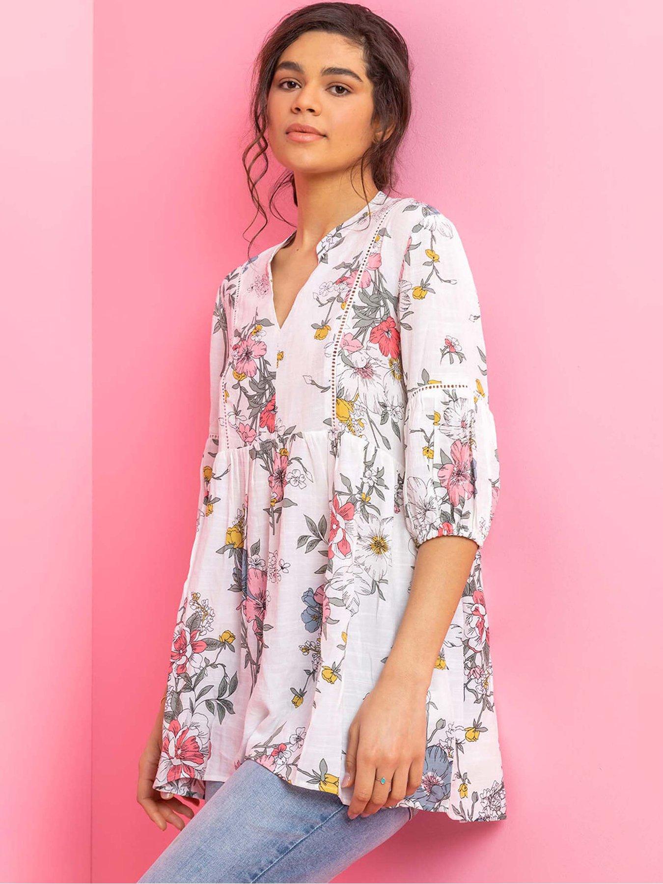 Roman Floral Print Notch Neck Tunic Top