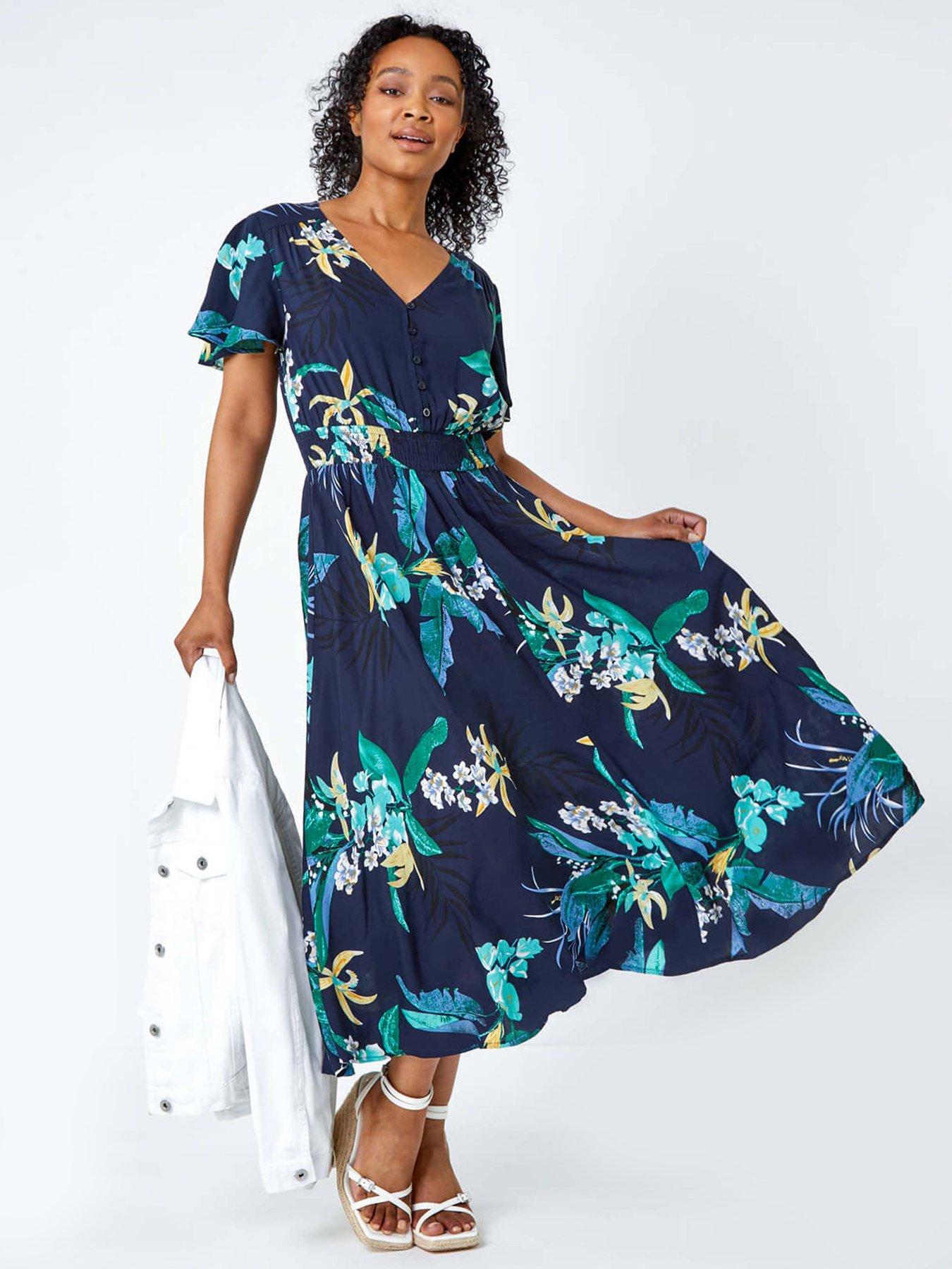Roman Petite Floral Shirred Midi Dress