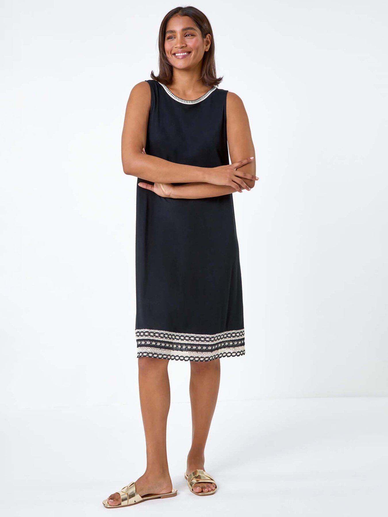 Roman Embroidered Trim Stretch Jersey Shift Dress - Black