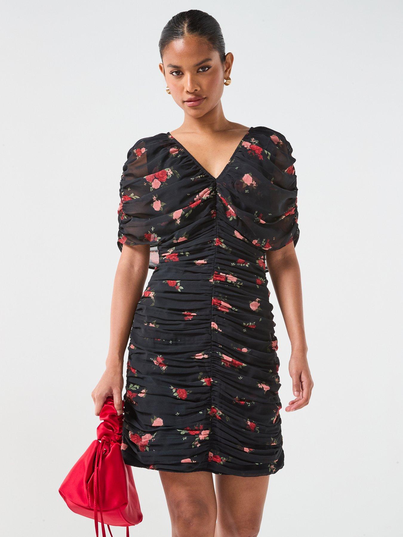 V by Very Ruched Floral Printed Mini Dress - Print