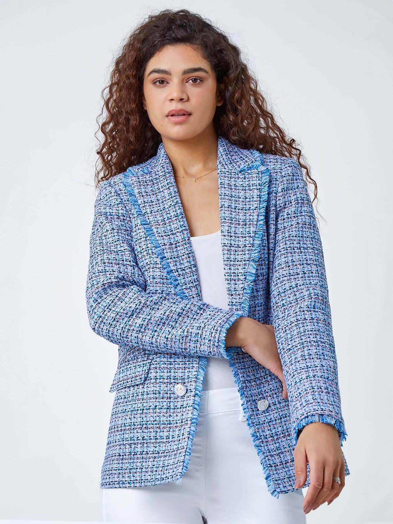 Roman Frayed Edge Boucle Check Jacket - Blue