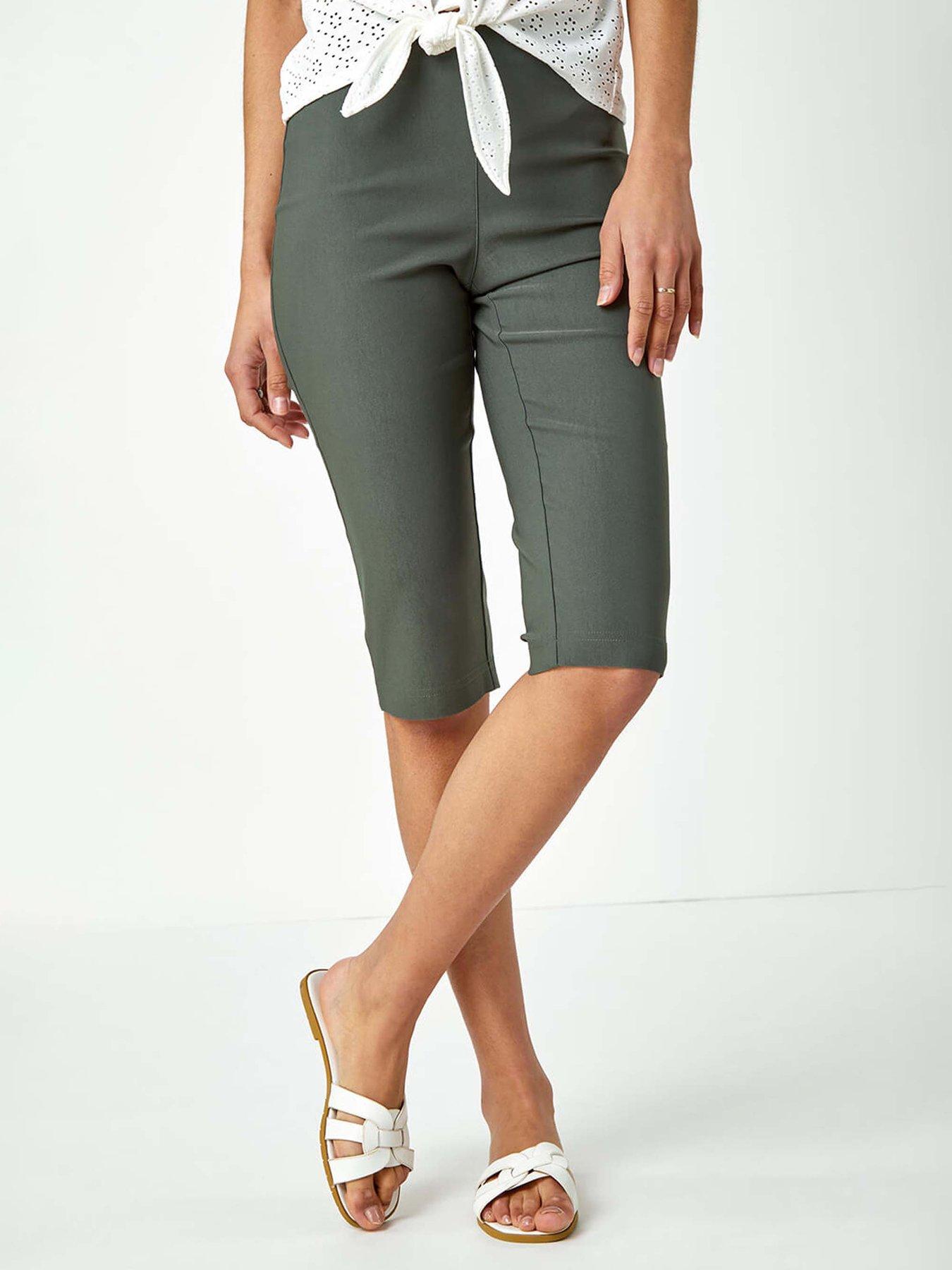 Roman Elastic Waist Knee Length Stretch Shorts - Green