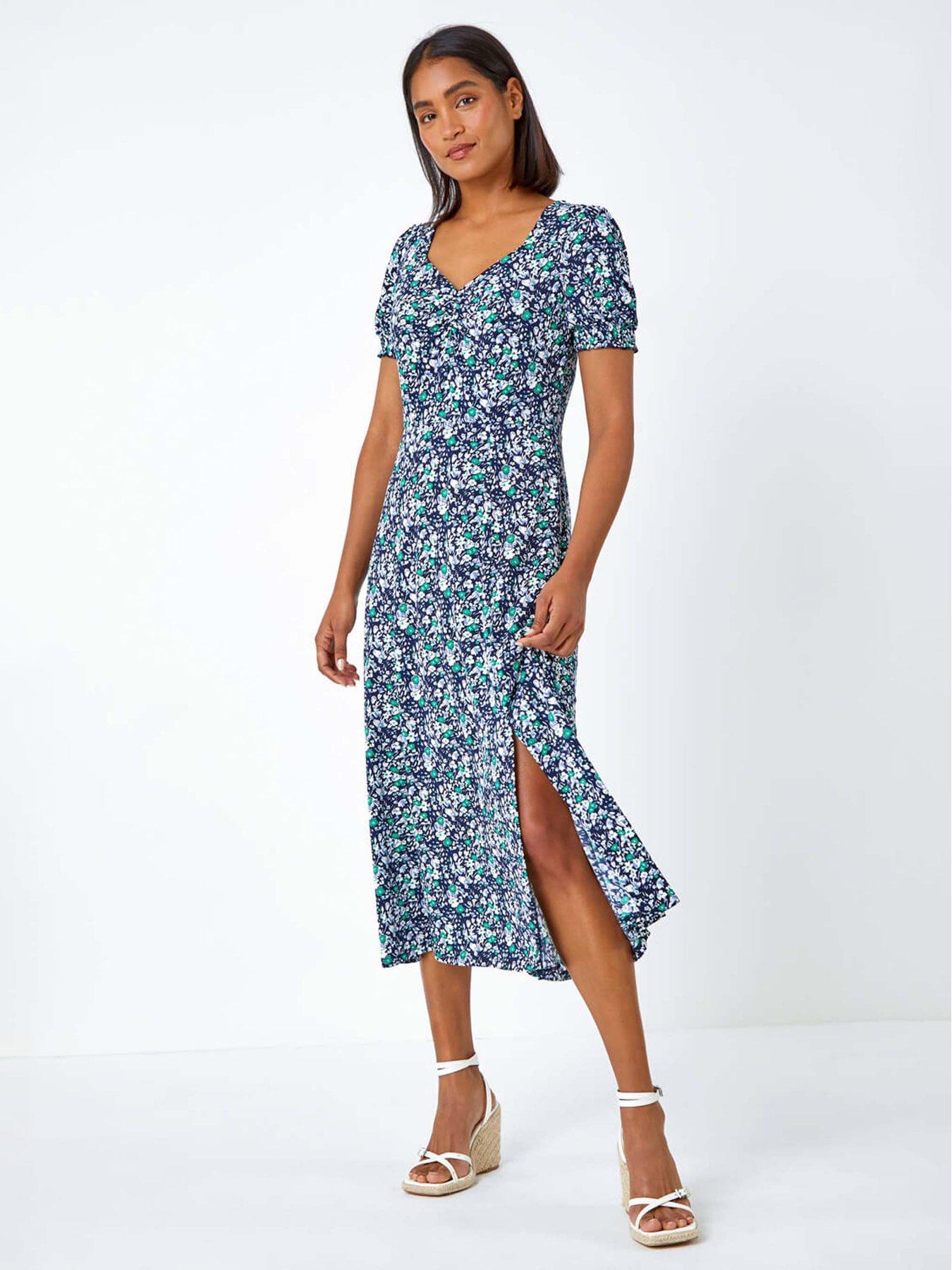 Roman Ditsy Floral Ruched Stretch Midi Dress