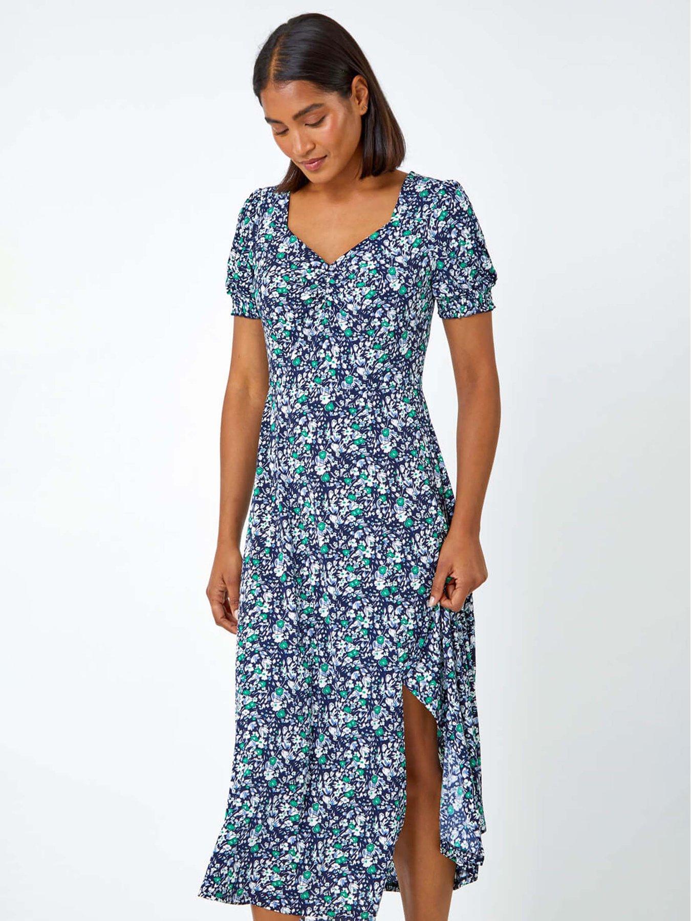 roman-ditsy-floral-ruched-stretch-midi-dressstillFront