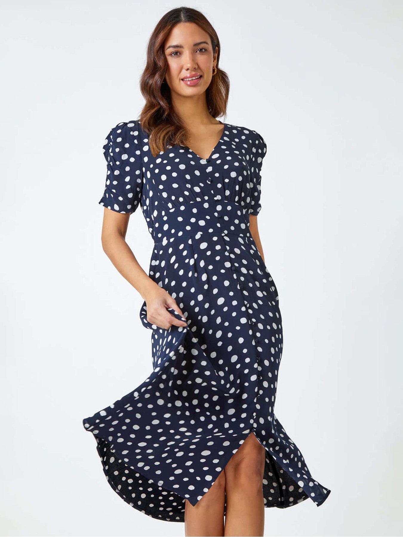 roman-polka-dot-ruched-sleeve-midi-dress-navyfront