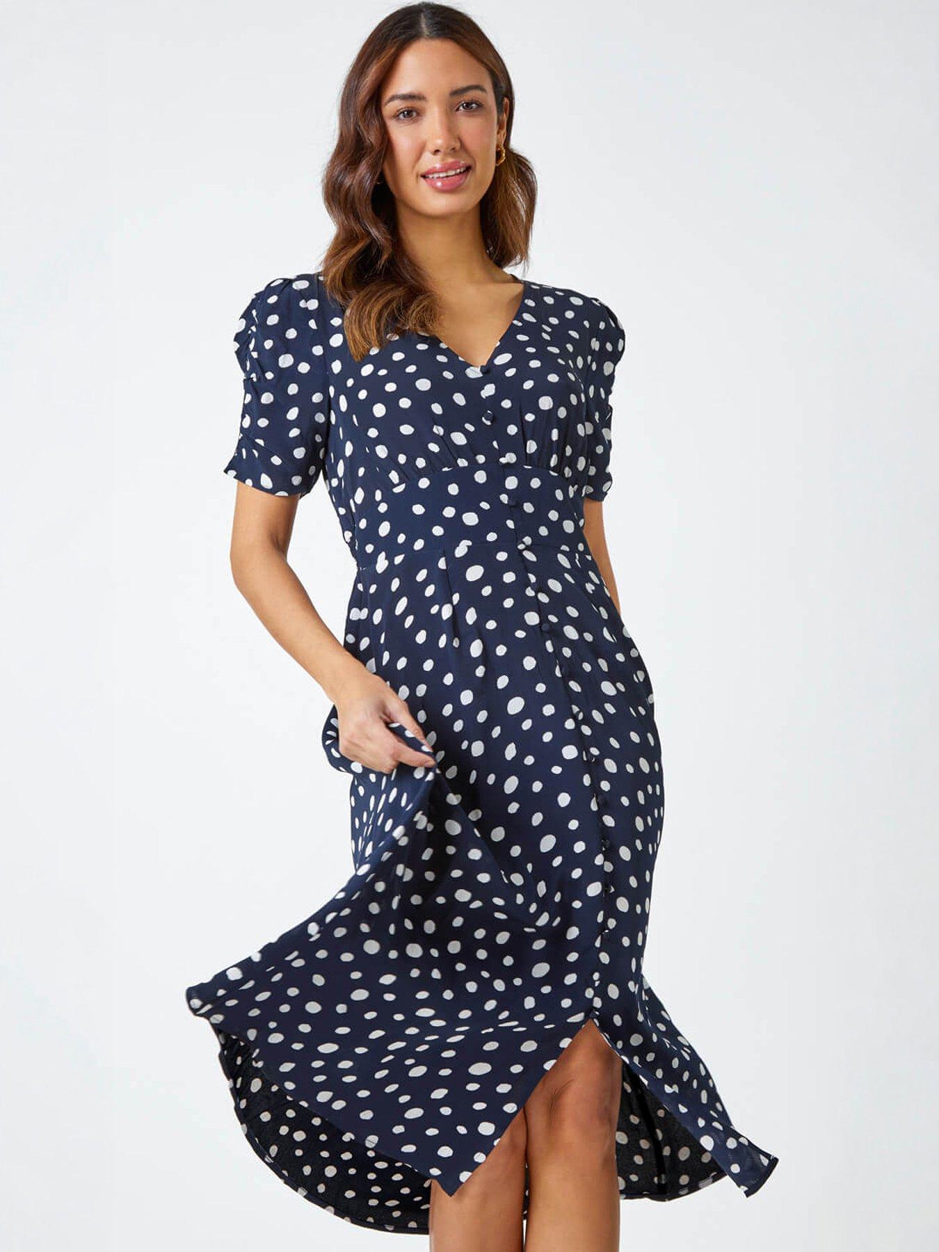 Roman Polka Dot Ruched Sleeve Midi Dress - Navy
