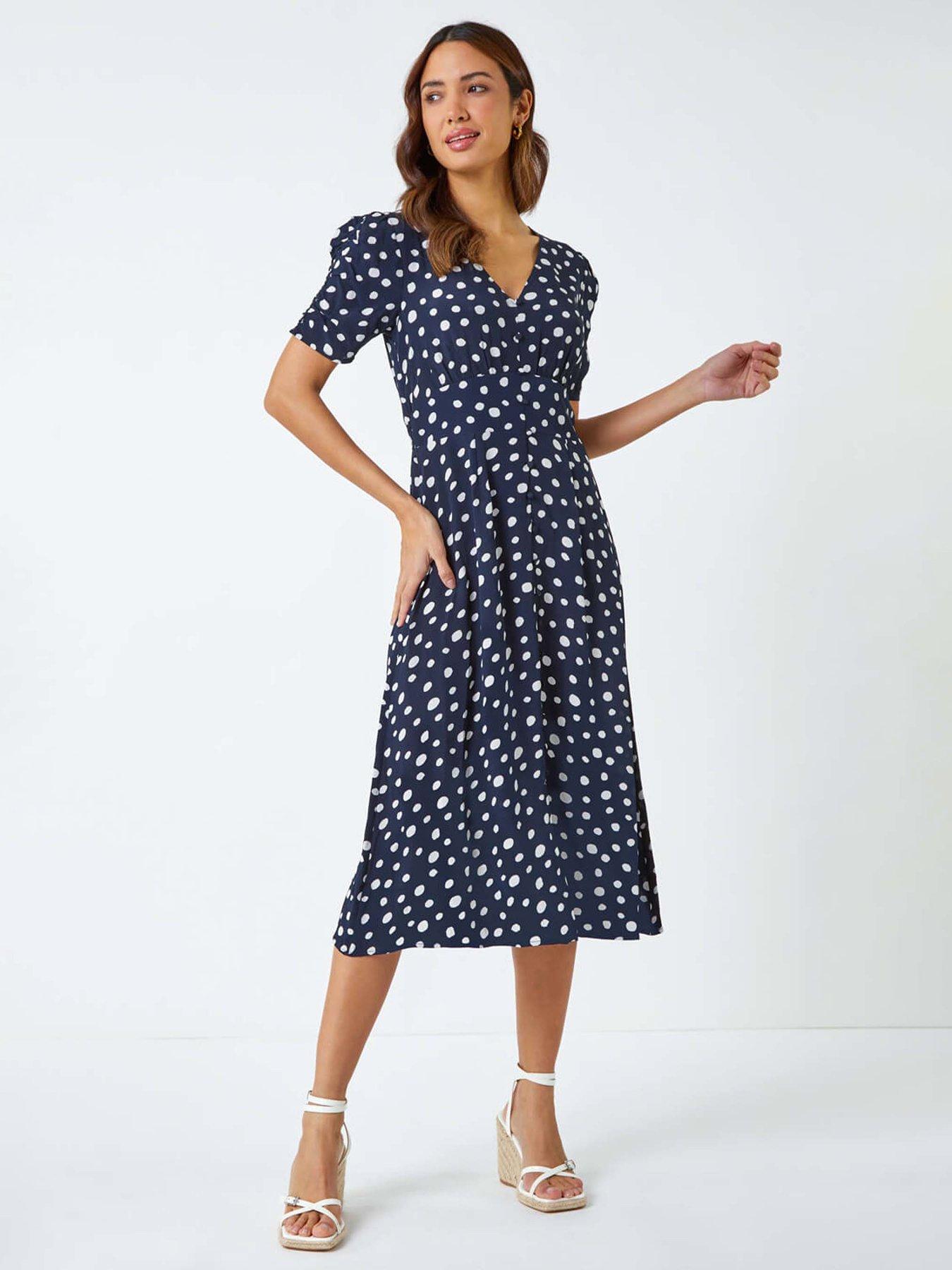 roman-polka-dot-ruched-sleeve-midi-dress-navystillFront