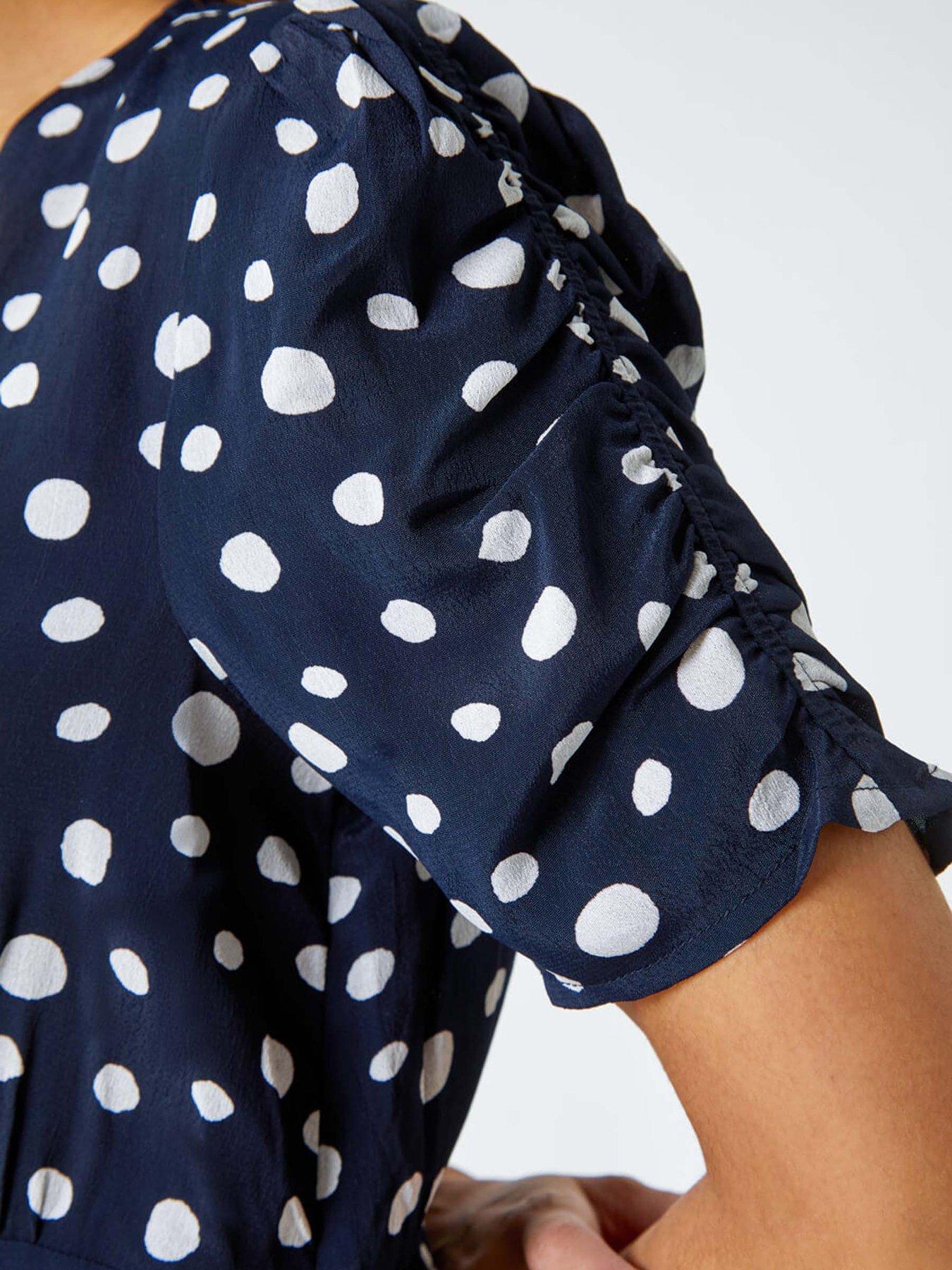 roman-polka-dot-ruched-sleeve-midi-dress-navydetail