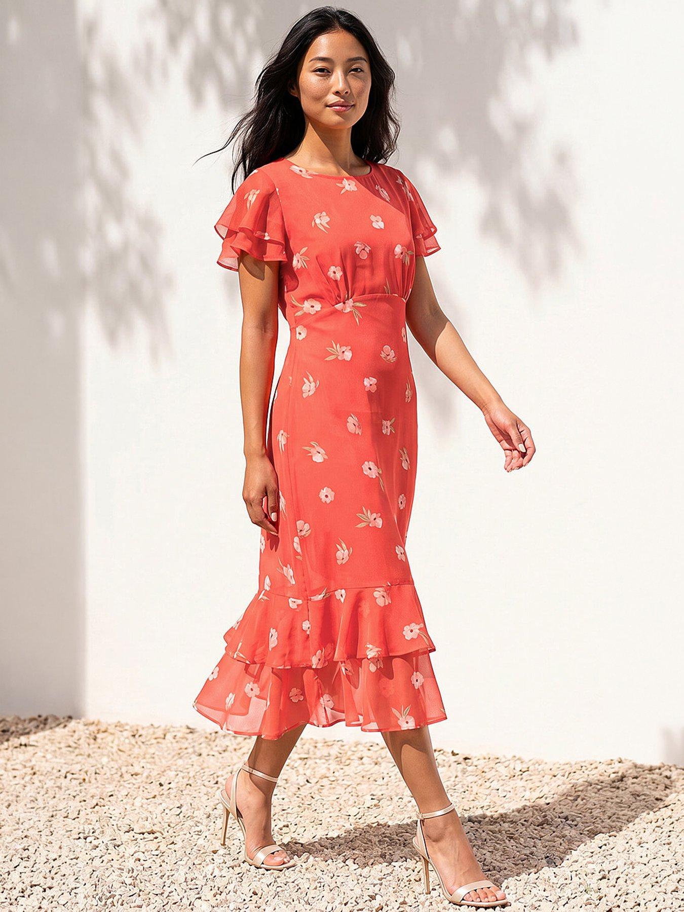 Roman Petite Floral Chiffon Frill Tiered Midi Dress