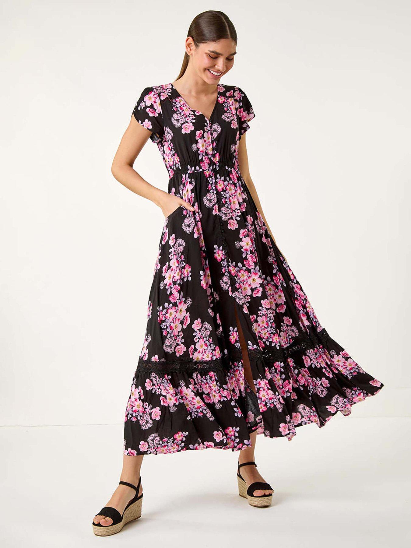 Roman Floral Print Shirred Waist Maxi Dress