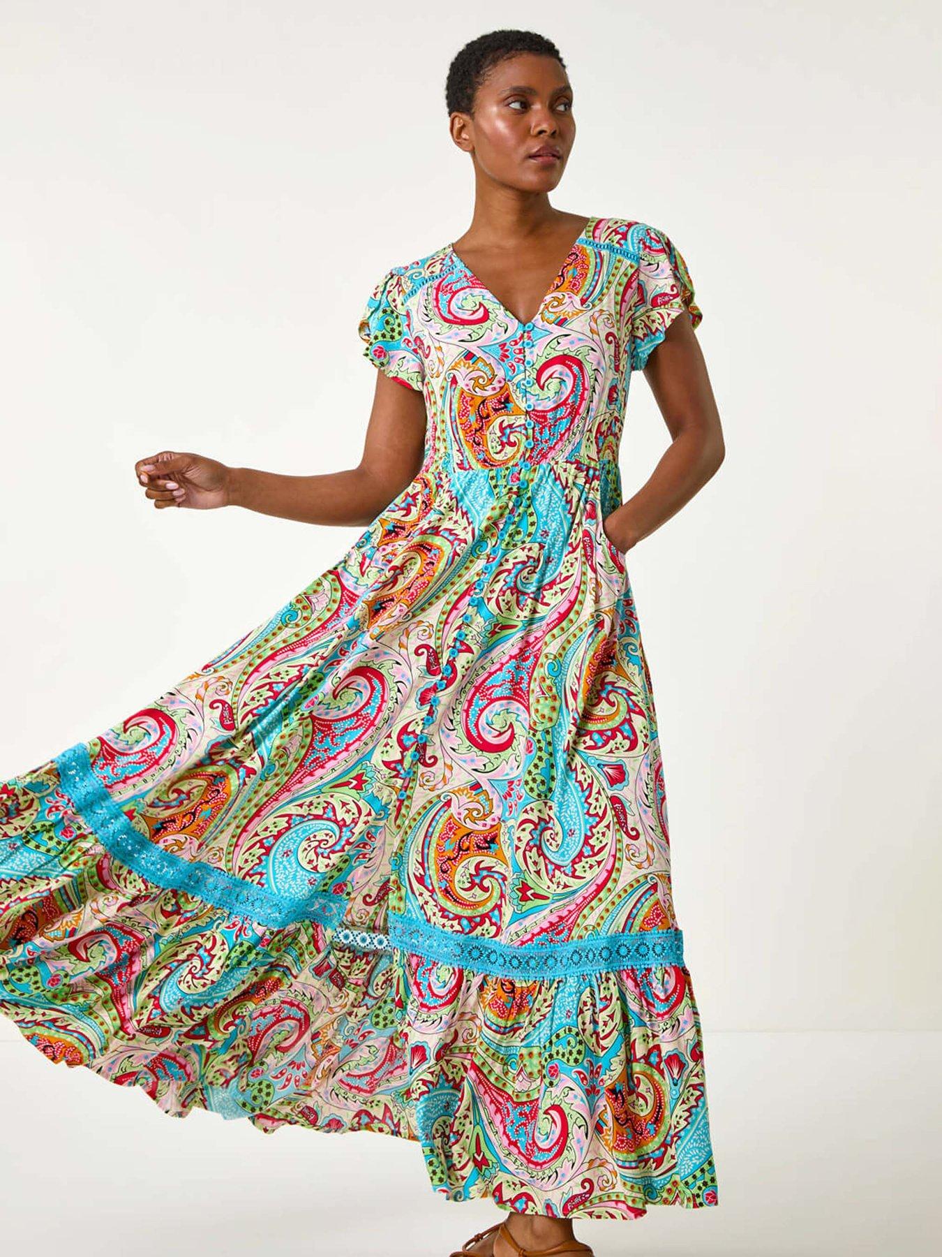 Roman Paisley Print Shirred Waist Maxi Dress