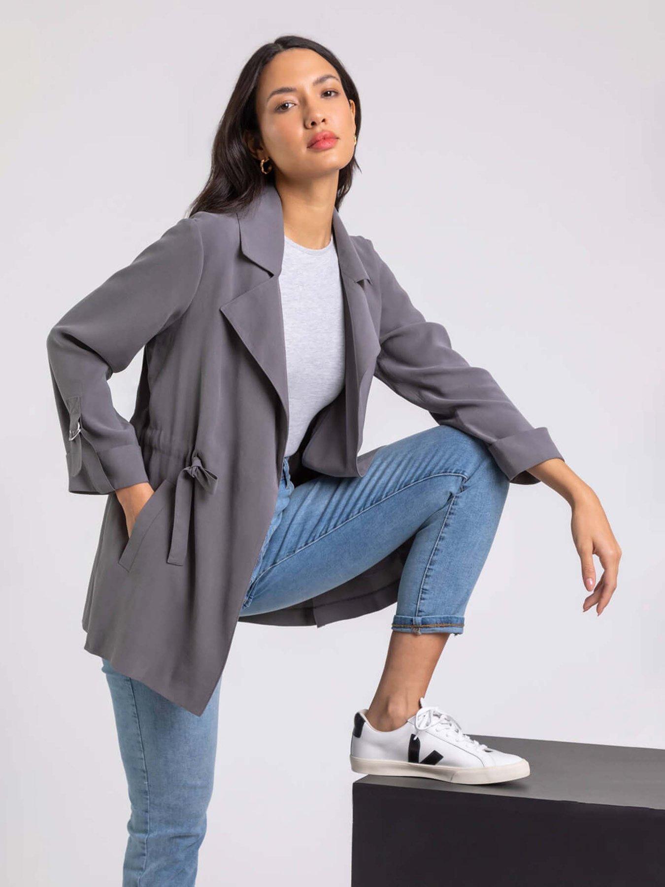 Roman Tie Waist Longline Jacket - Grey