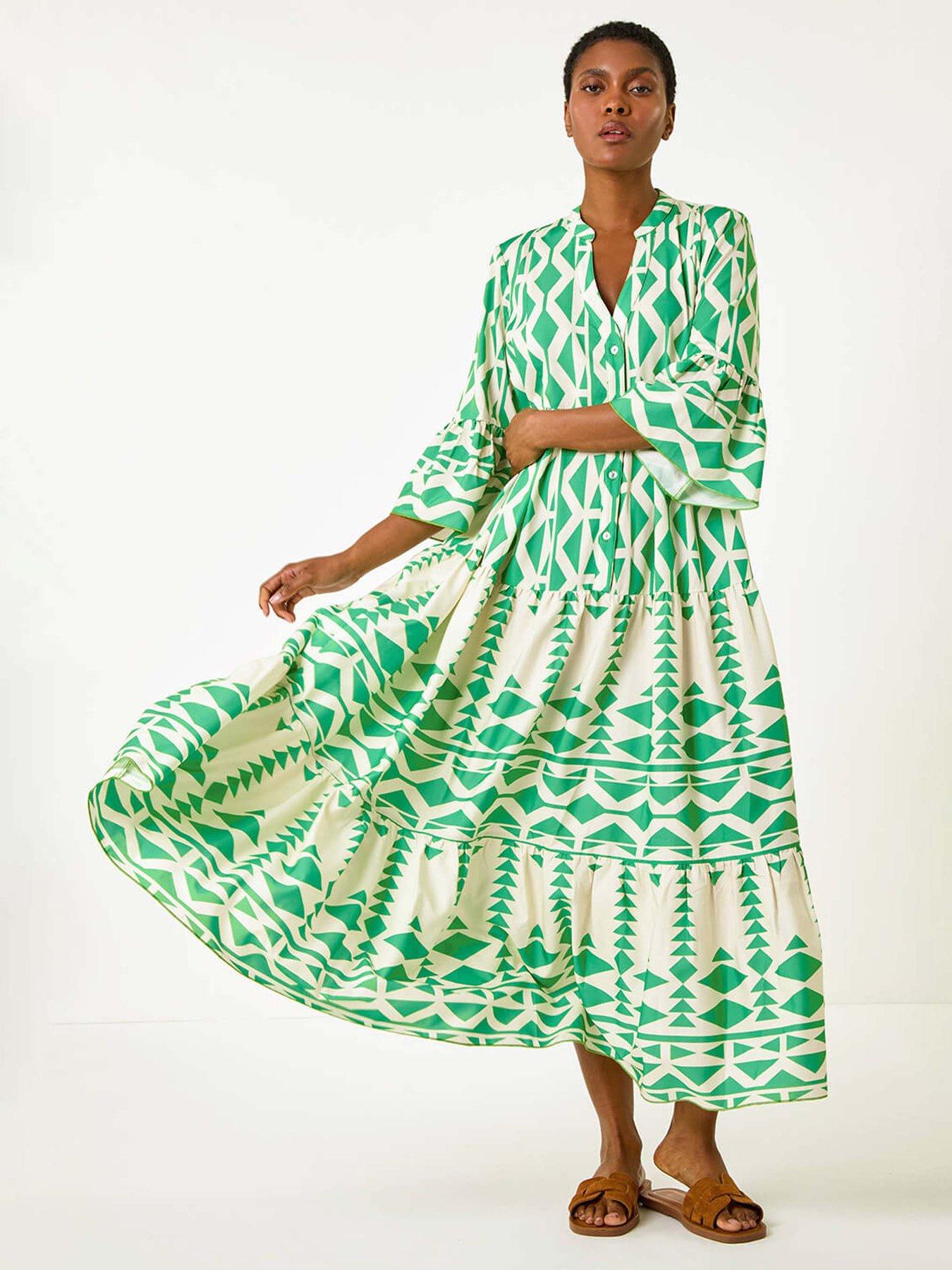 Roman Aztec Print Tiered Midi Smock Dress