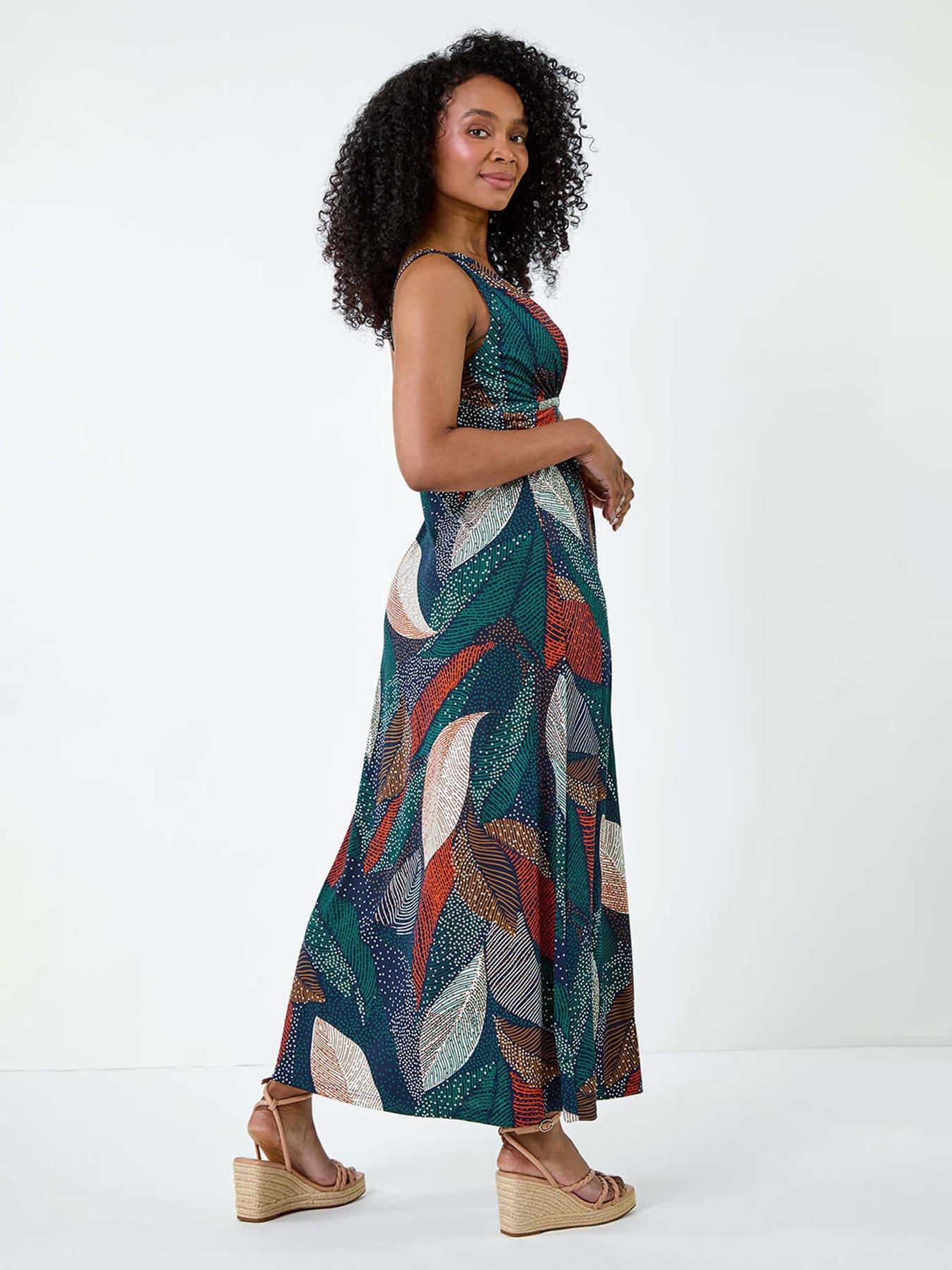 Image 2 of 5 of Roman Petite Leaf Print Stretch Maxi Dress
