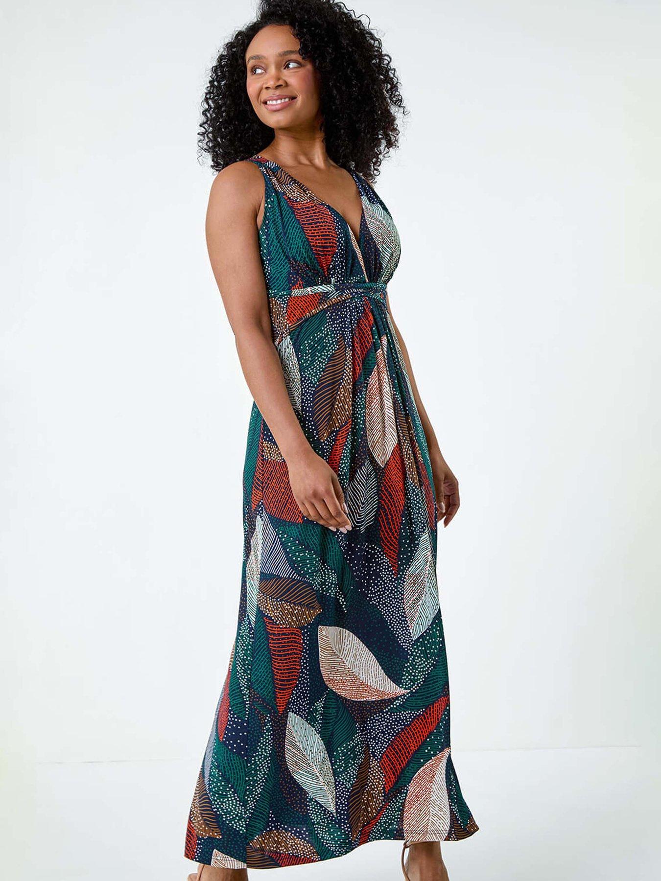 Image 3 of 5 of Roman Petite Leaf Print Stretch Maxi Dress
