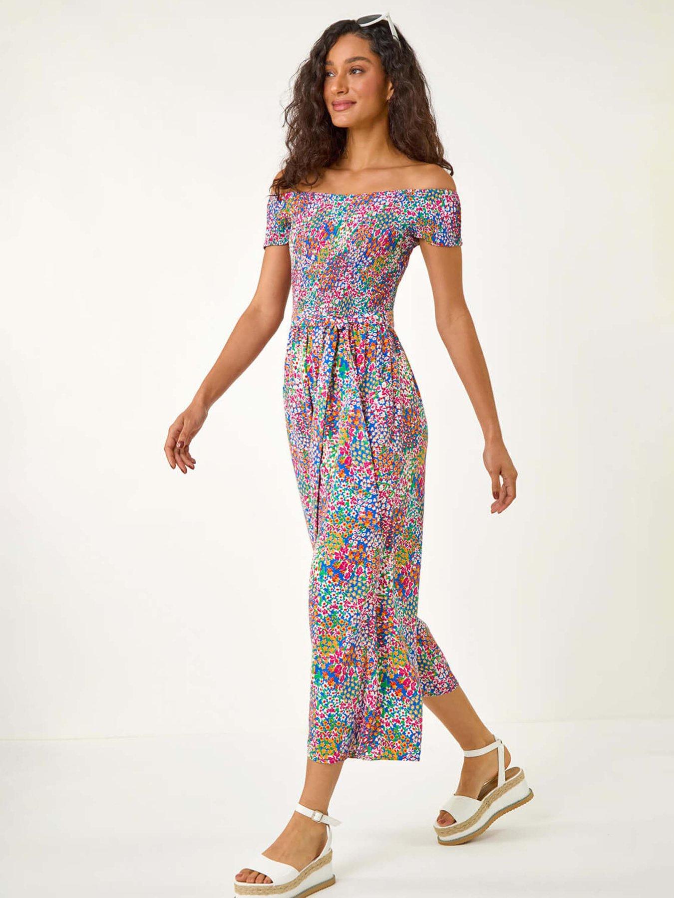Roman Floral Shirred Stretch Bardot Jumpsuit