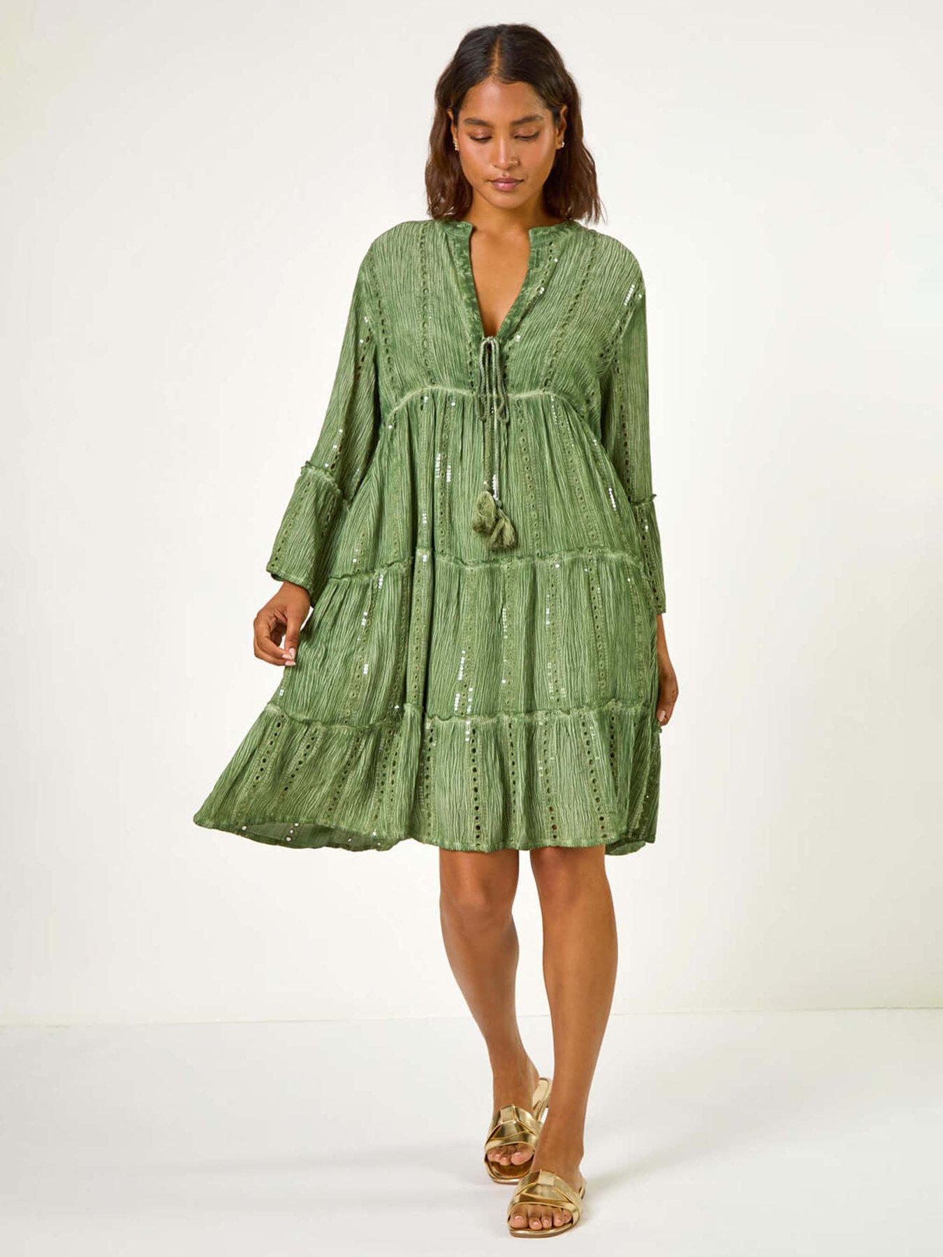Roman Shimmer Tie Detail Smock Dress - Green