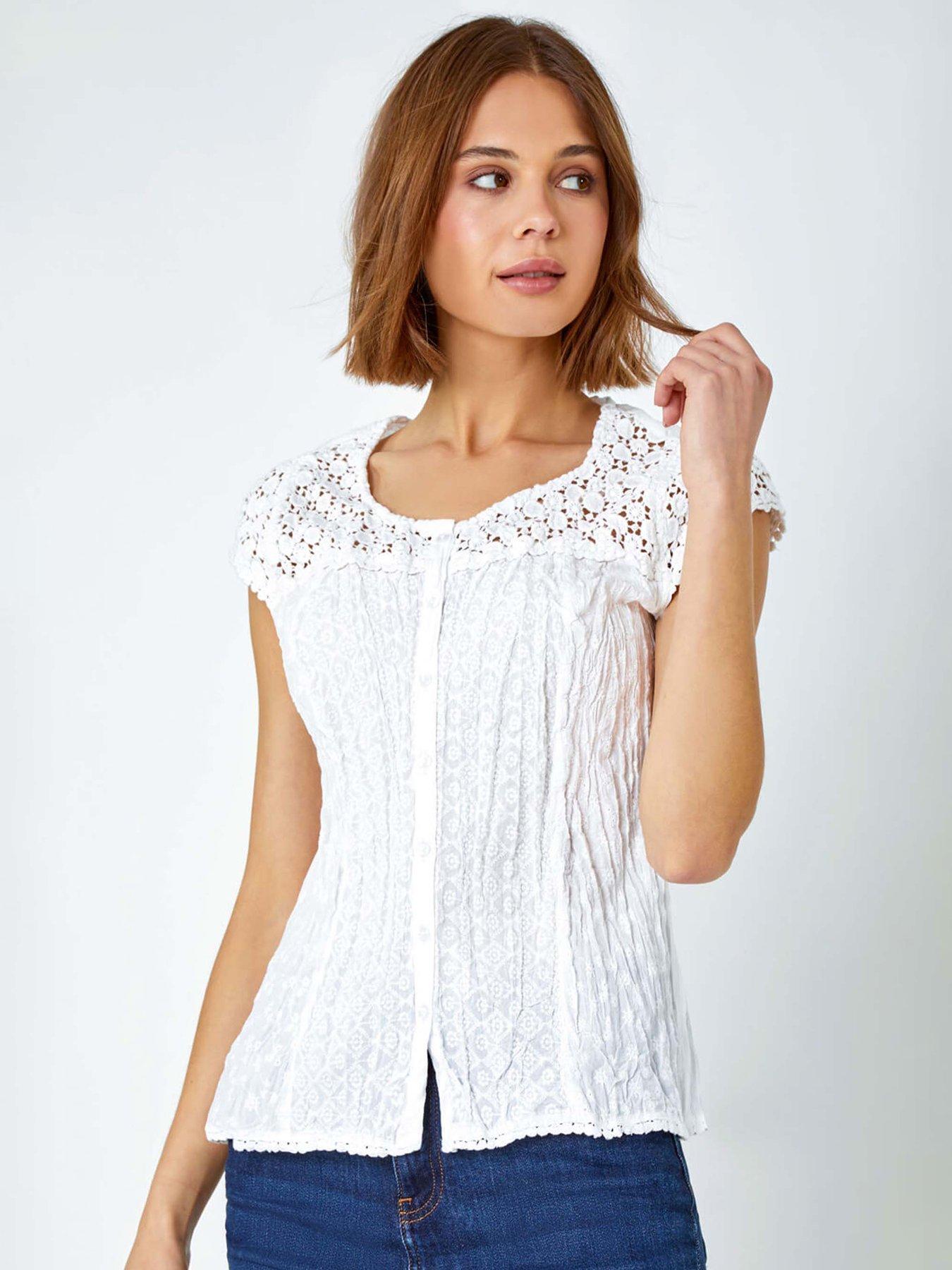 Roman Lace Yoke And Sleeve Crinkle Blouse